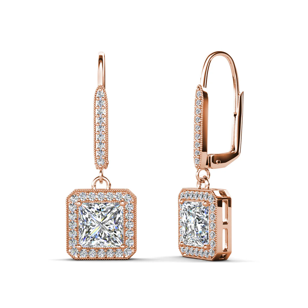 Ivy 18k White Gold Plated Halo Dangle Earrings with Princess Cut Simulated Diamond Crystals - Image 16