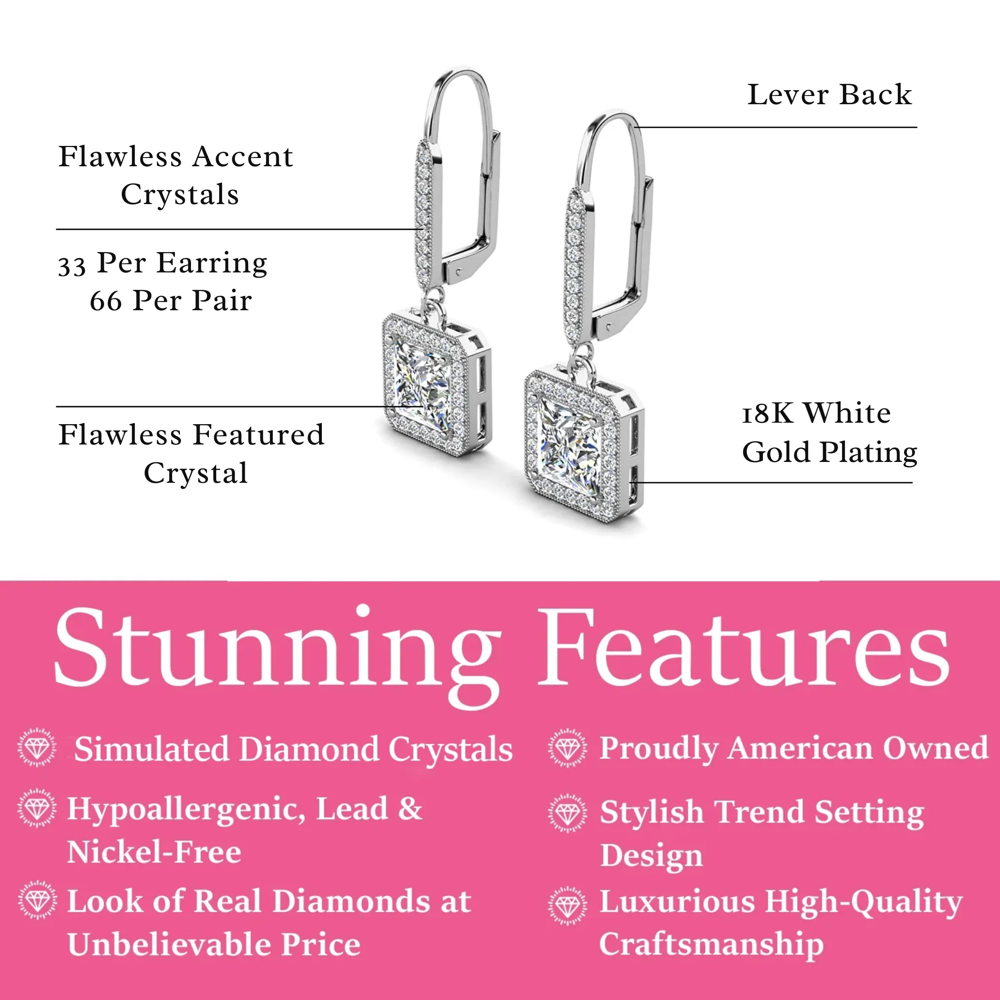 Ivy 18k White Gold Plated Halo Dangle Earrings with Princess Cut Simulated Diamond Crystals - Image 3