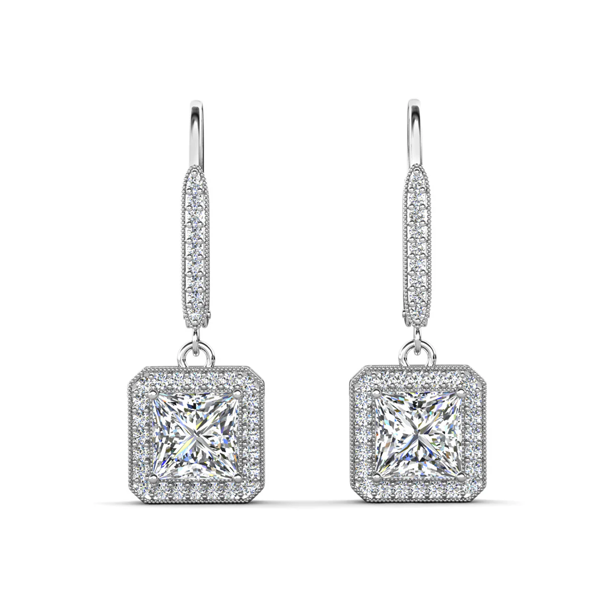 Ivy 18k White Gold Plated Halo Dangle Earrings with Princess Cut Simulated Diamond Crystals - Image 8