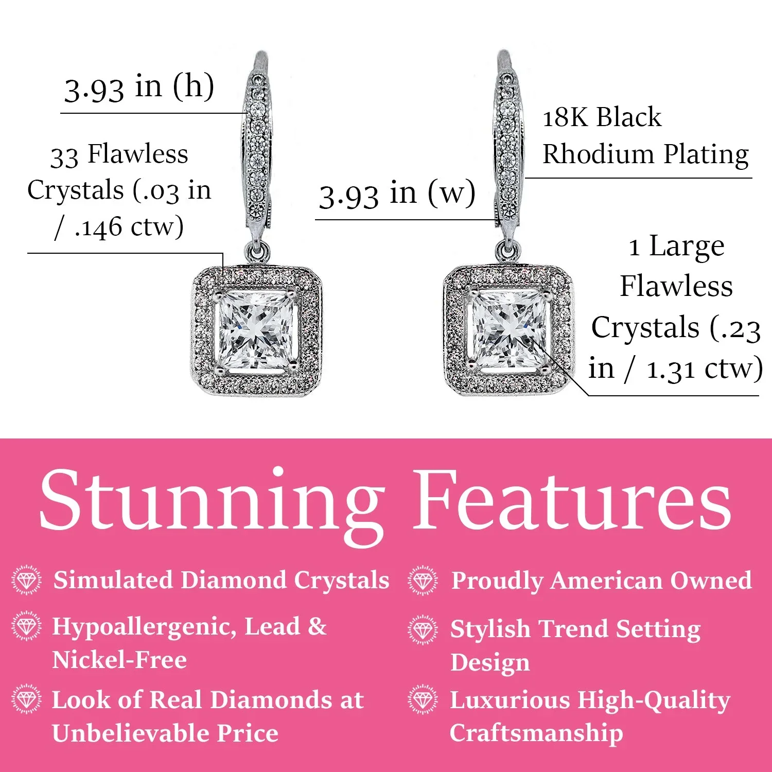 Ivy 18k White Gold Plated Halo Dangle Earrings with Princess Cut Simulated Diamond Crystals - Image 3
