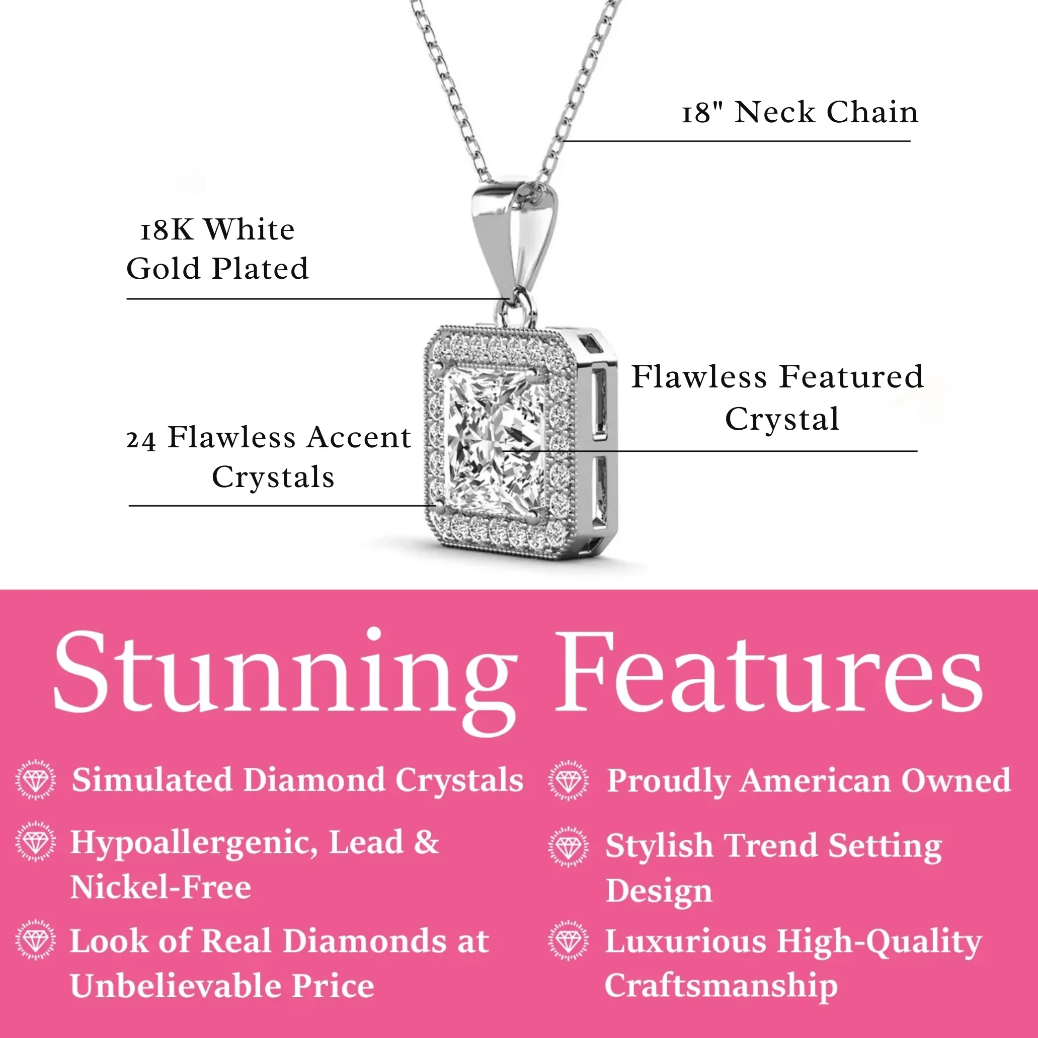Ivy 18k White Gold Plated Halo Pendant Necklace with Simulated Diamond Crystals - Image 3