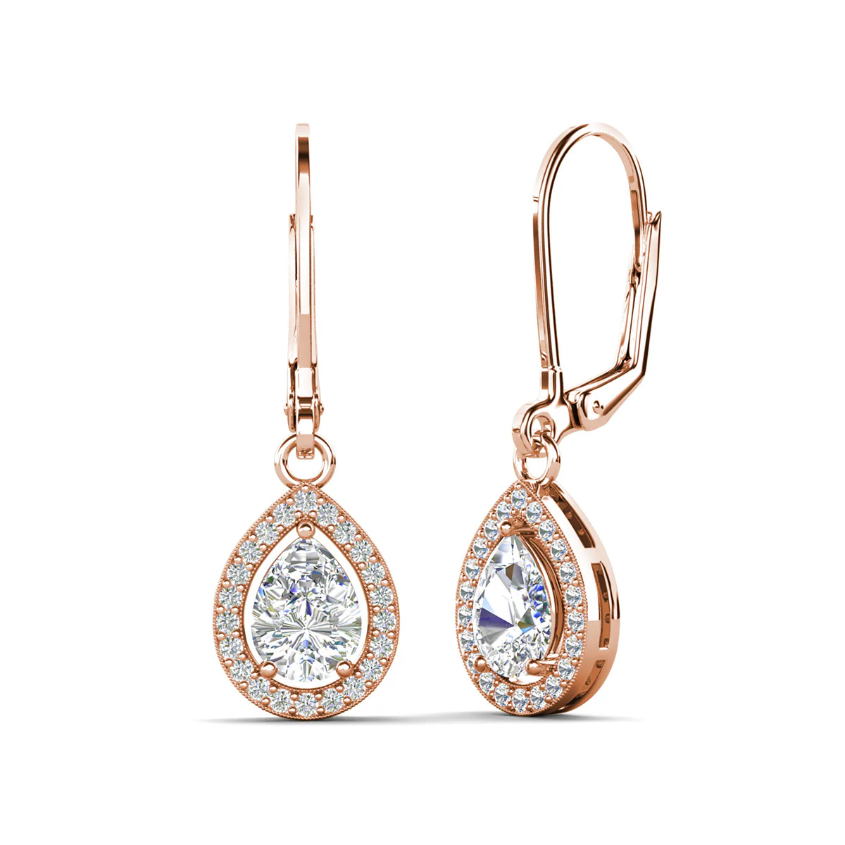 Izzy 18k White Gold Plated Halo Tear drop Dangle Earrings with Simulated Diamond Crystals - Image 17