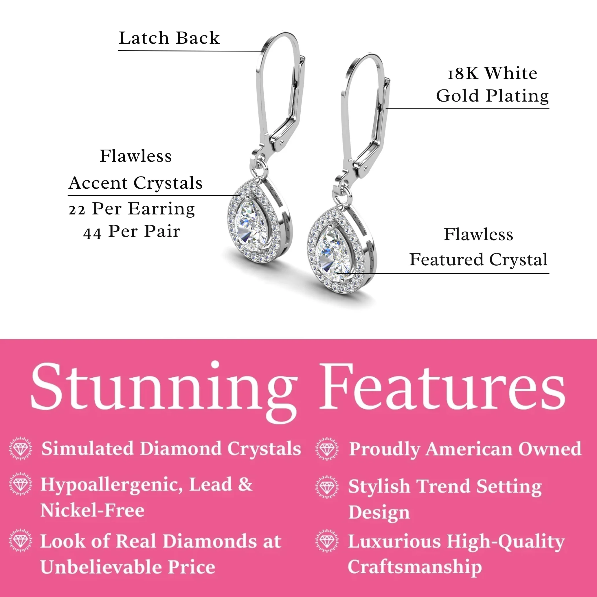 Izzy 18k White Gold Plated Halo Tear drop Dangle Earrings with Simulated Diamond Crystals - Image 3