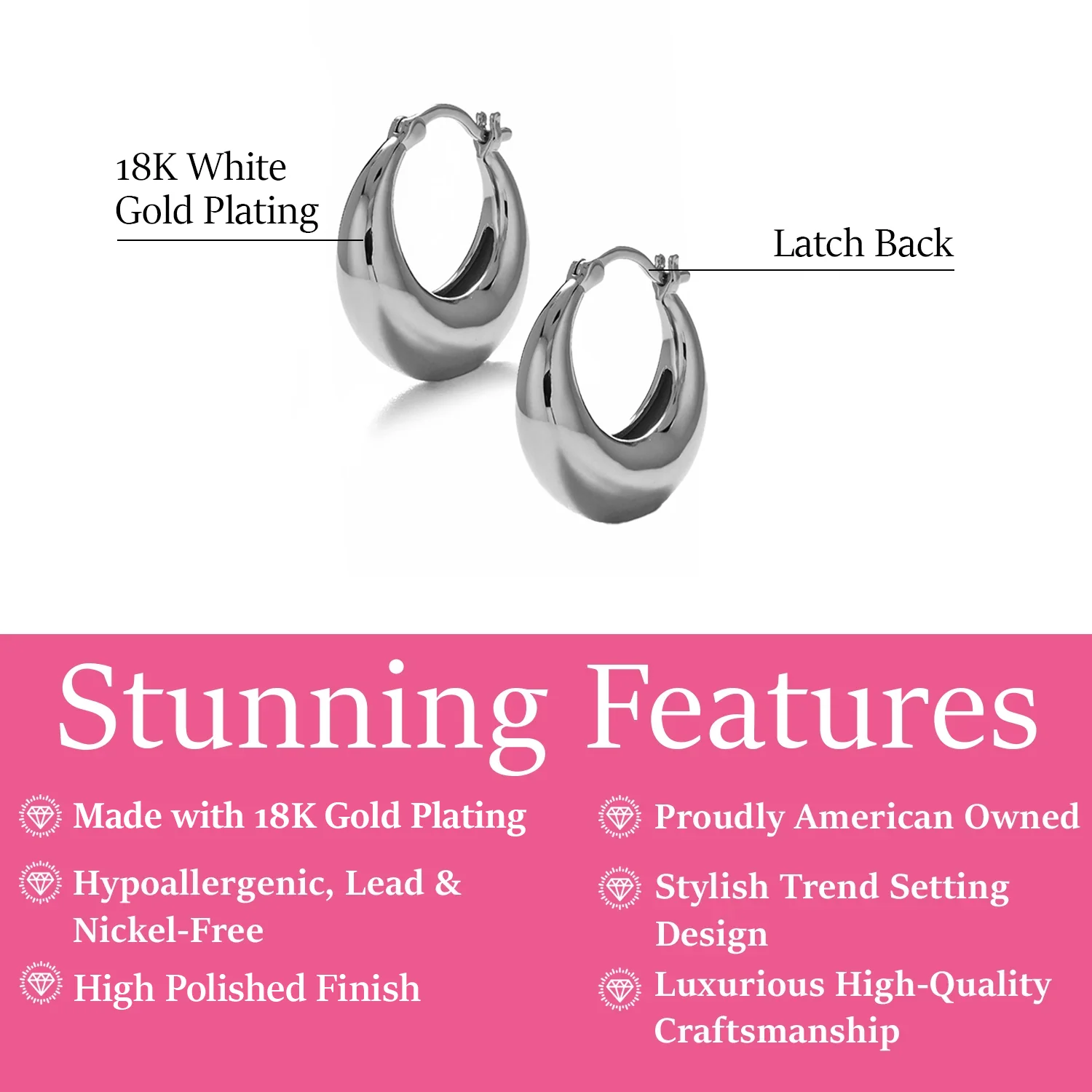 Jacqueline 18k White Gold Plated 21mm Chunky Hoop Earrings - Image 3