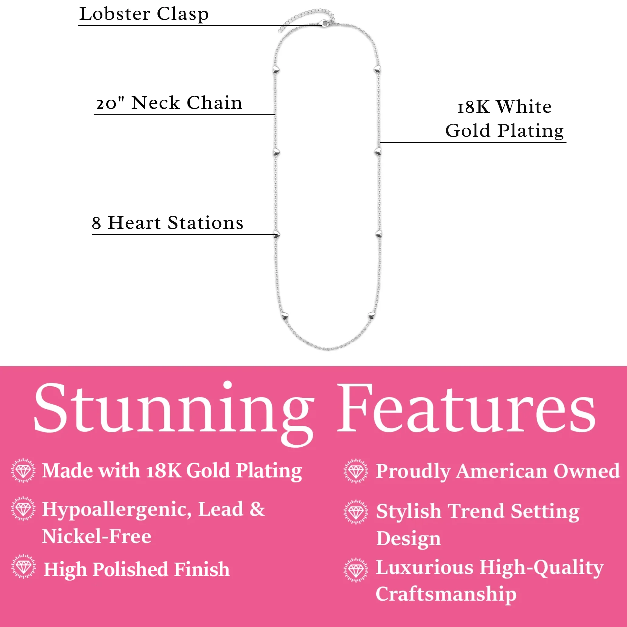 Jane 18k White Gold Plated Heart Station Necklace - Image 10