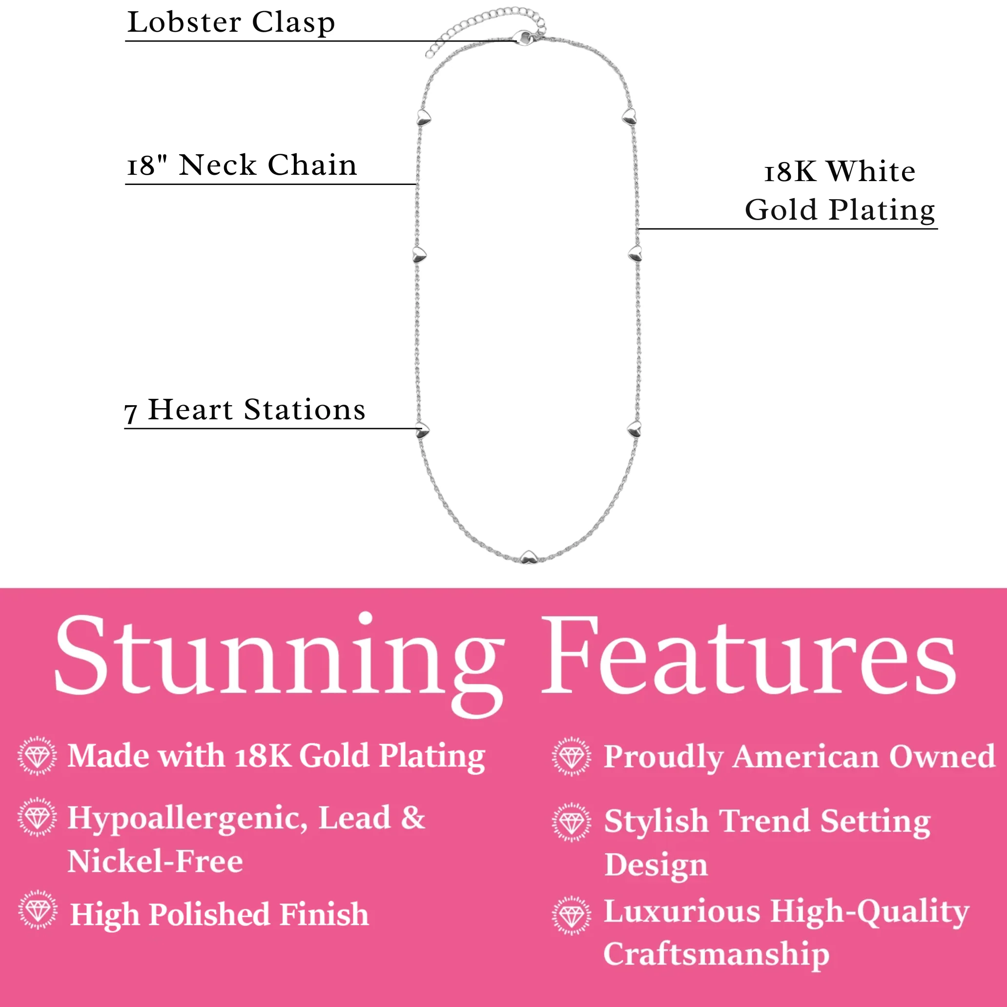 Jane 18k White Gold Plated Heart Station Necklace - Image 3