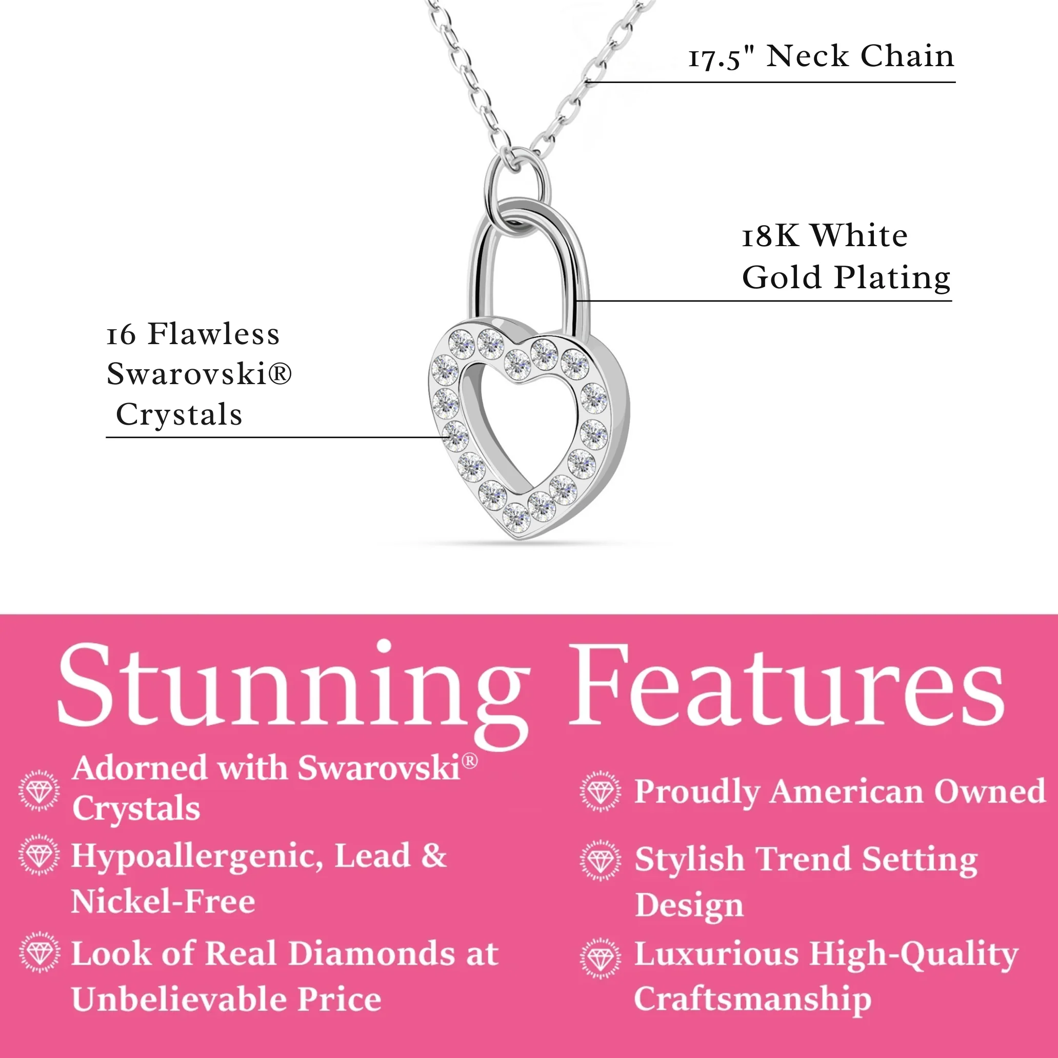 Janelle 18k White Gold Plated Heart Padlock Pendant Necklace with Swarovski Crystals - Image 3