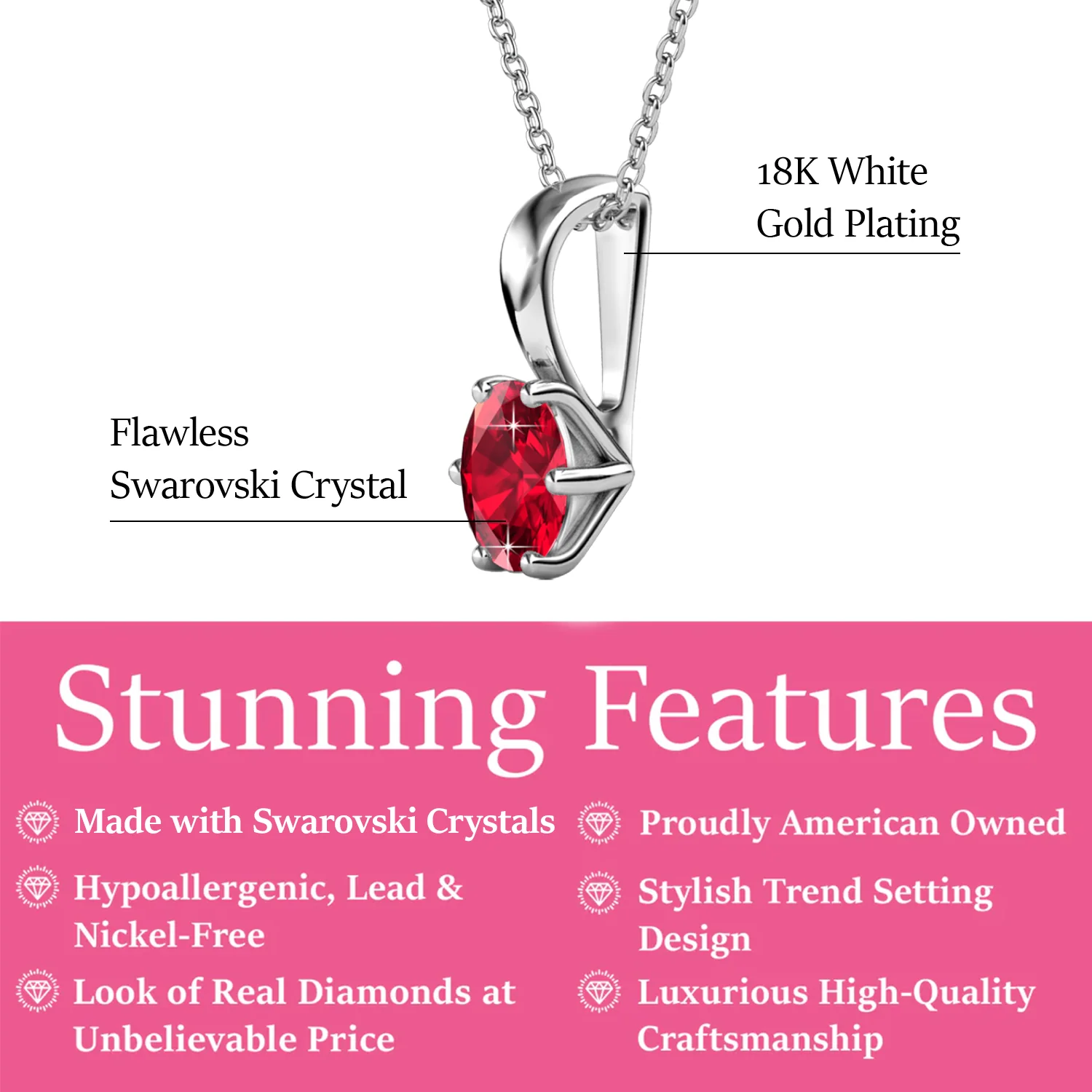 January Birthstone Garnet Necklace 18k White Gold Plated Solitaire Necklace with 1CT Swarovski Crystal - Image 2