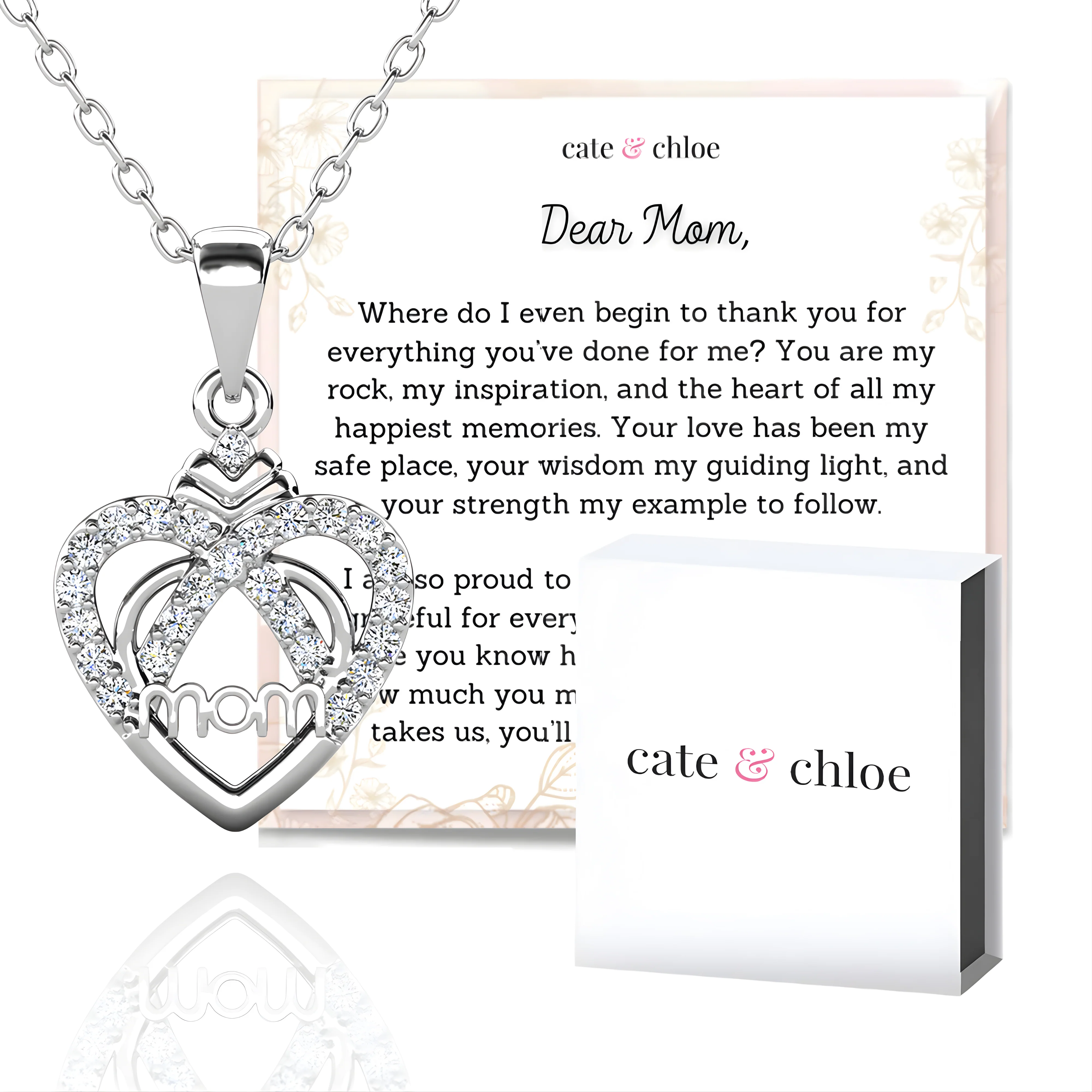 Jenna 18k White Gold Plated Necklace with Swarovski Crystals & Heartfelt Message for Mom