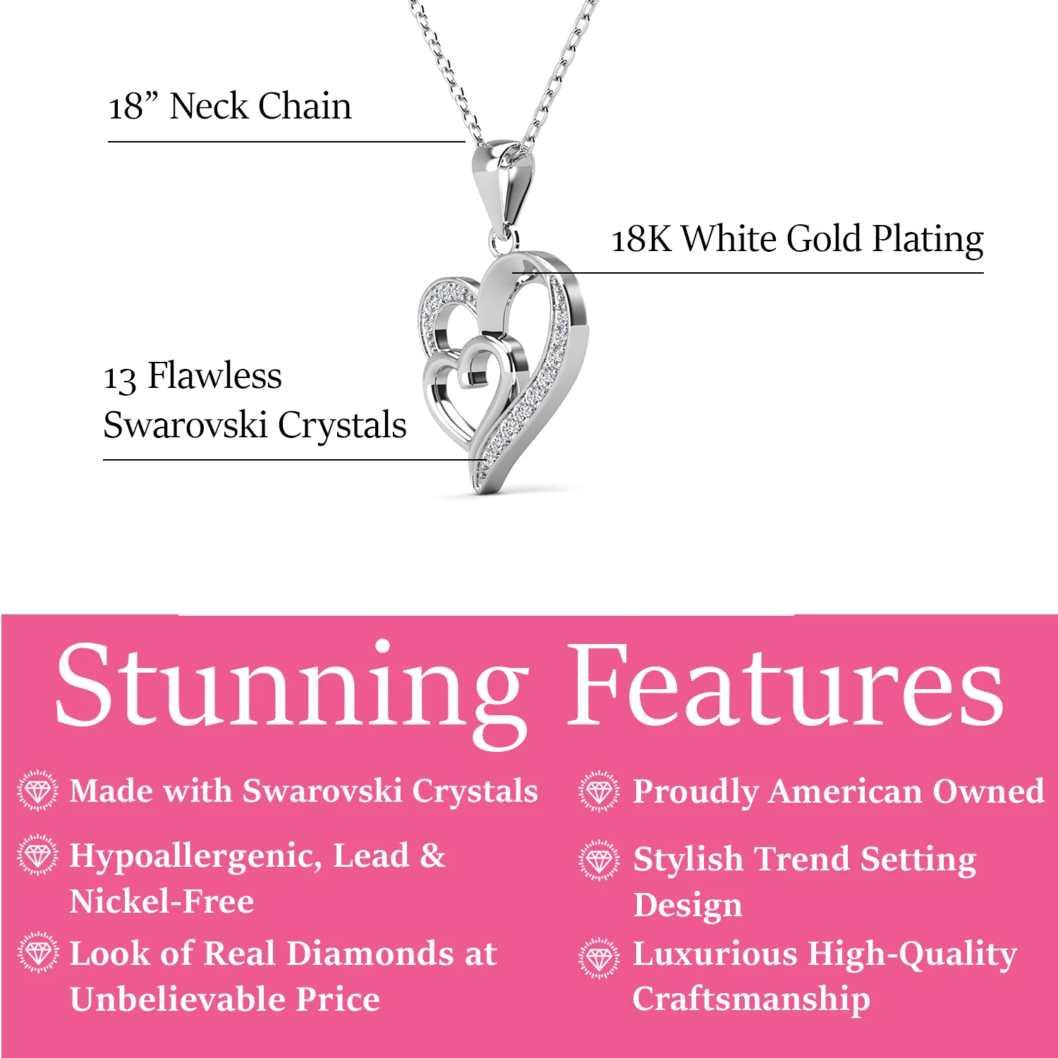 Jennifer 18k White Gold Plated Double Heart Necklace with Swarovski Crystals - Image 3