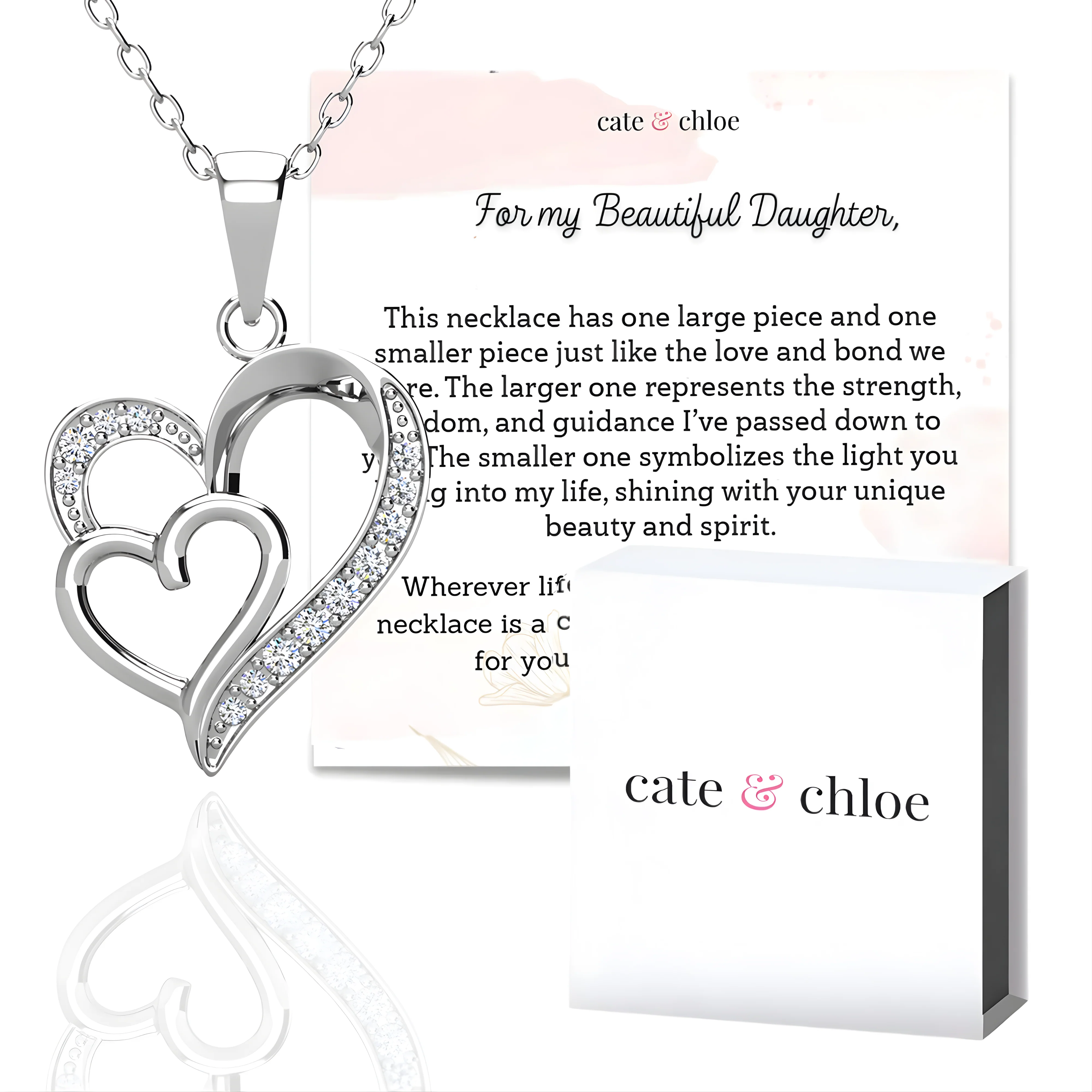 Jennifer 18k White Gold Plated Heart Necklace with Swarovski Crystals & Heartfelt Message for Daughter