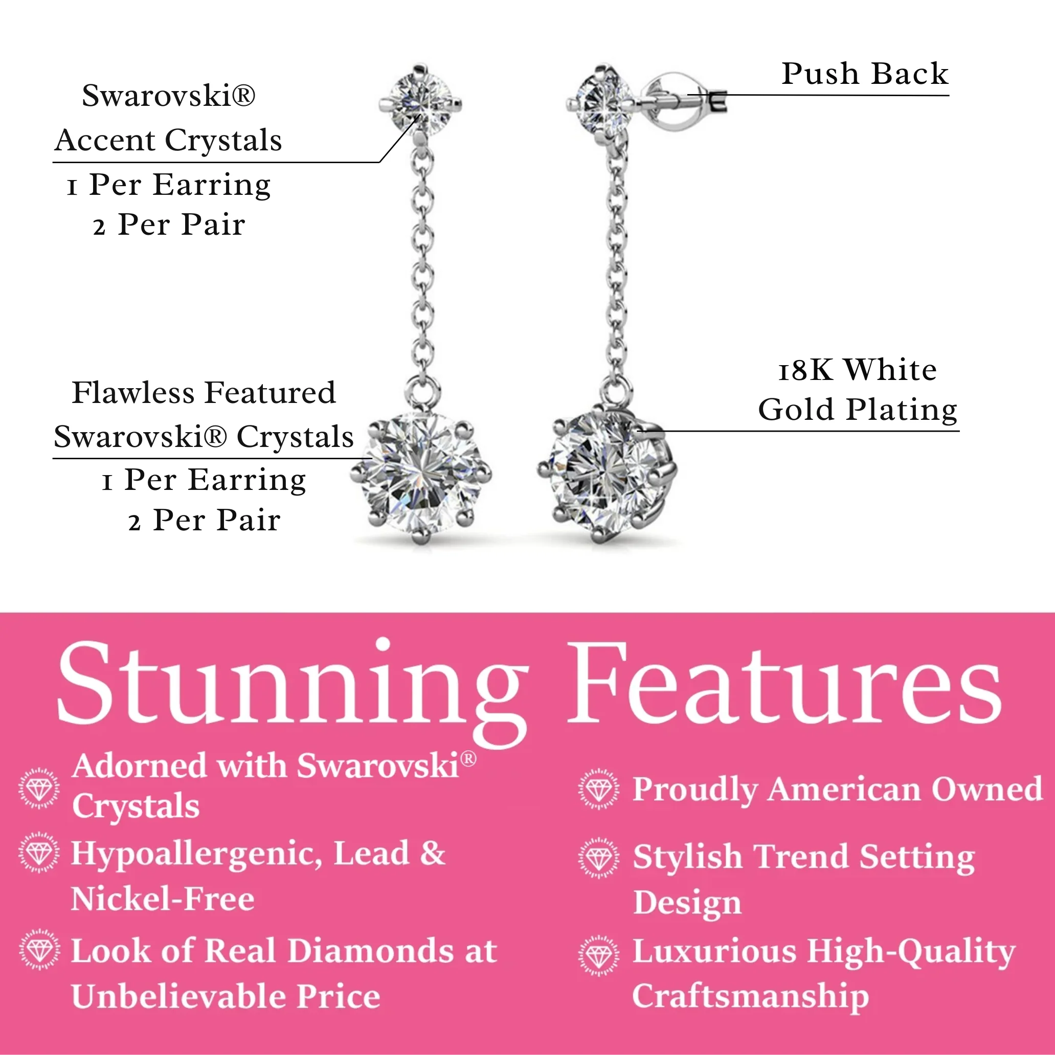Jessie 18K White Gold Plated Dangle Stud Earrings with Swarovski Crystals - Image 3