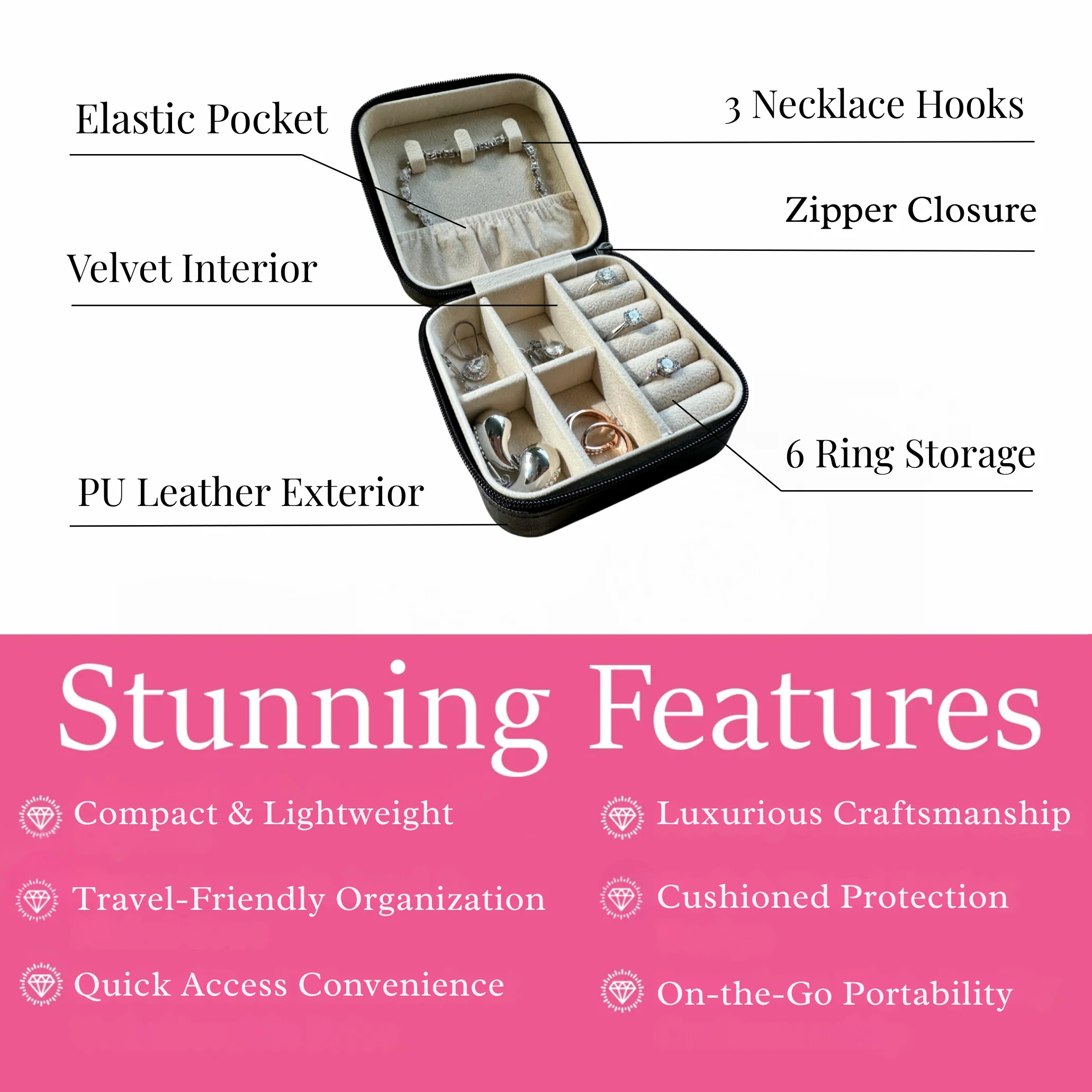 Jewelry Travel Case, Black Mini Jewelry Box Organizer for Women - Image 3