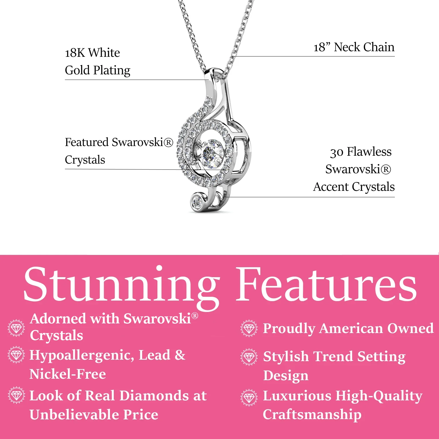 Jolene 18k White Gold Plated G-Clef Dancing Pendant Necklace with Swarovski Crystals - Image 3