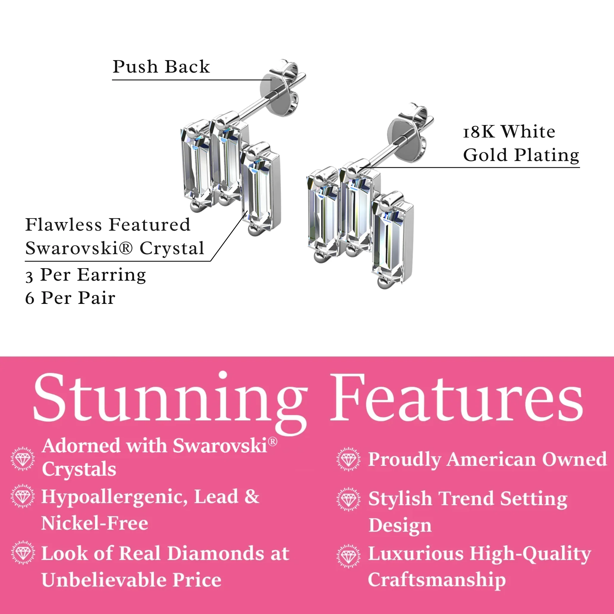 Jovie 18k White Gold Plated 3-Stone Stud Earrings with Swarovski Crystals - Image 3