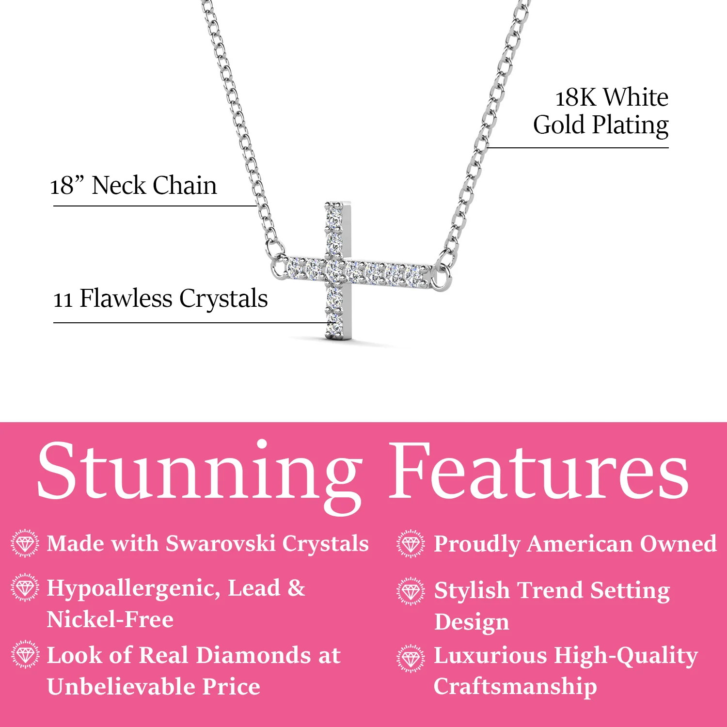 Joy 18k White Gold Plated Cross Pendant Necklace with Swarovski Crystals - Image 3