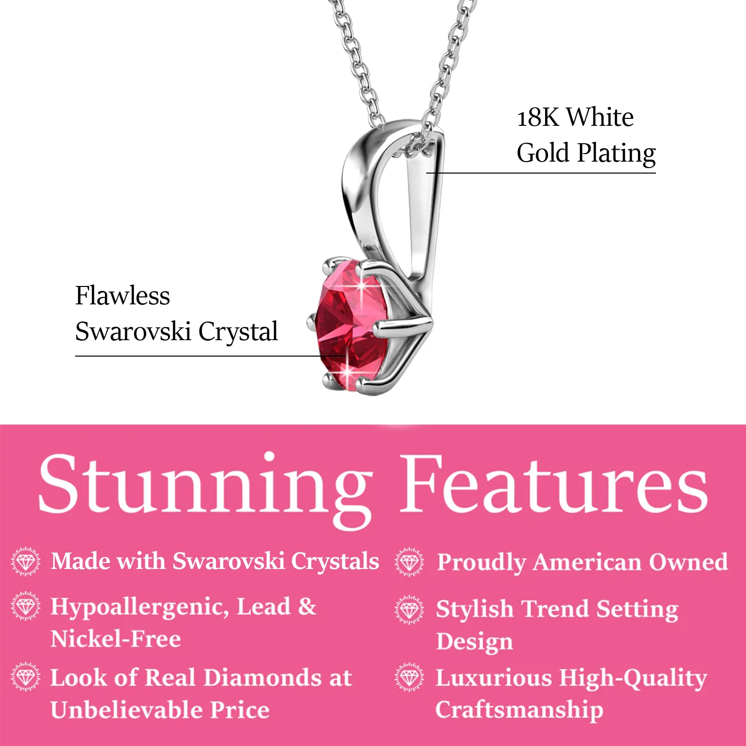 July Birthstone Ruby Necklace 18k White Gold Plated Solitaire Necklace with 1CT Swarovski Crystal - Image 2