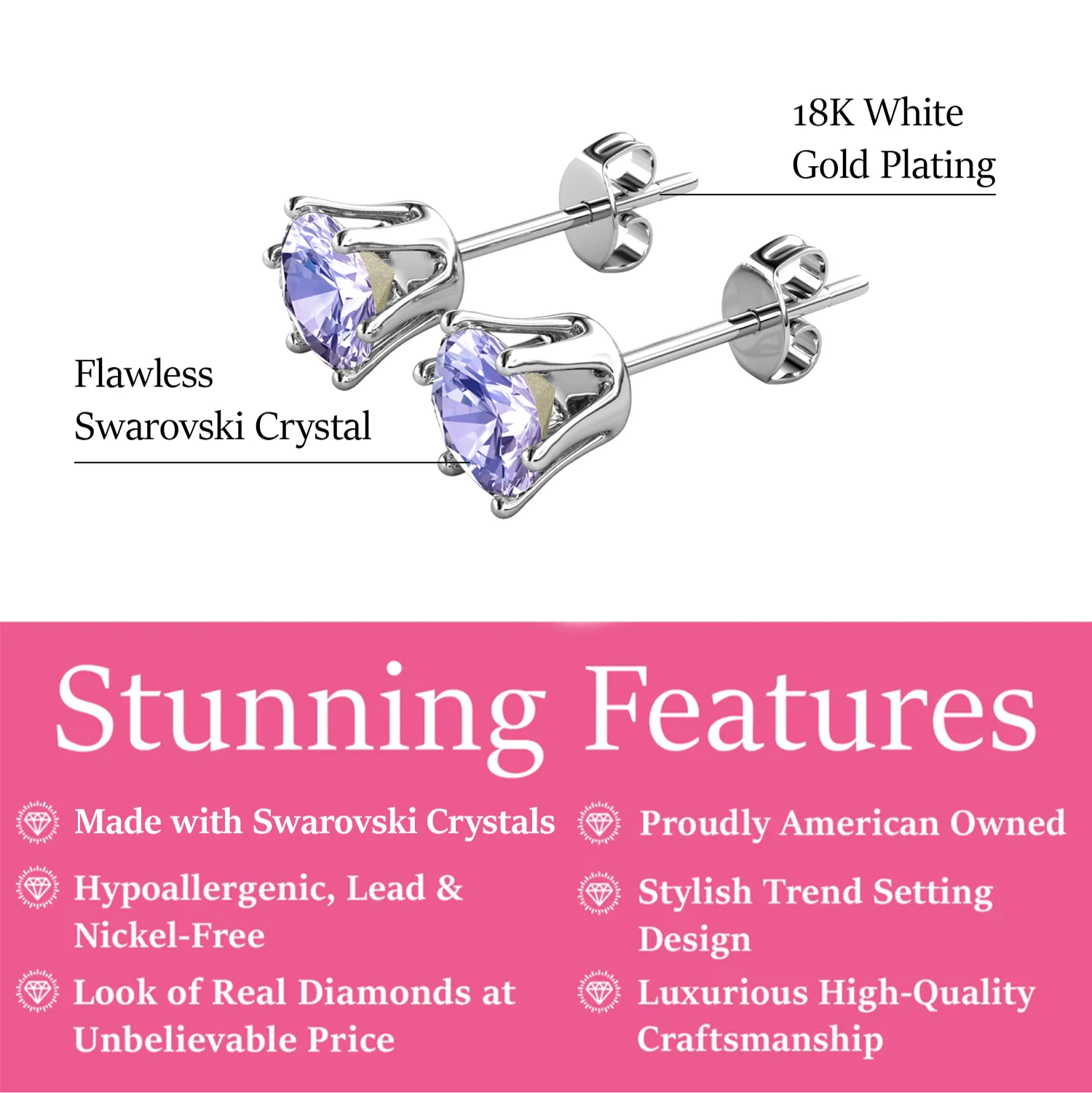 June Birthstone Alexandrite Earrings 18k White Gold Plated Stud Earrings with 1CT Swarovski Crystal - Image 2