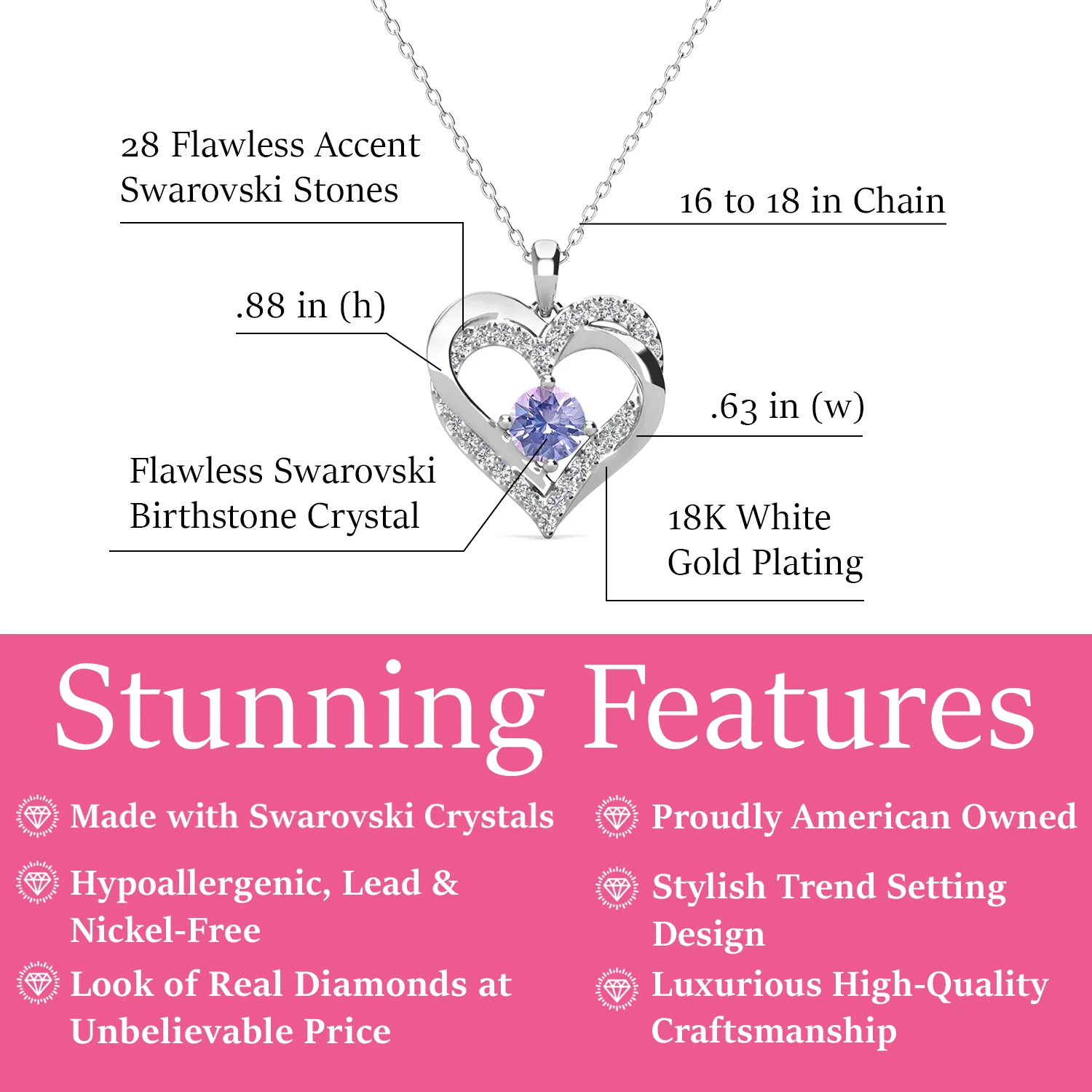 Forever June Birthstone 18k White Gold Plated Silver Double Heart Diamond Necklace with Swarovski Crystals - Image 2