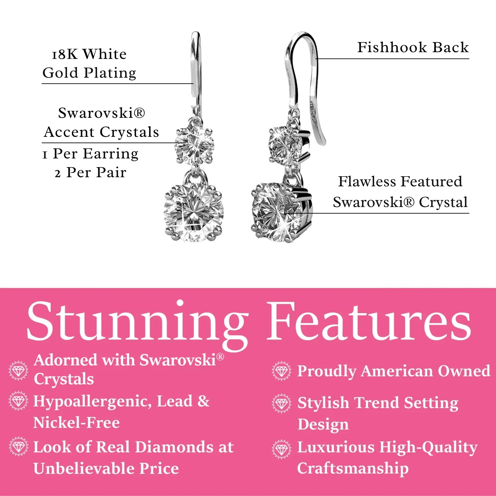 Kadence 18k White Gold Plated Drop Dangle Earrings with Swarovski Crystals - Image 3