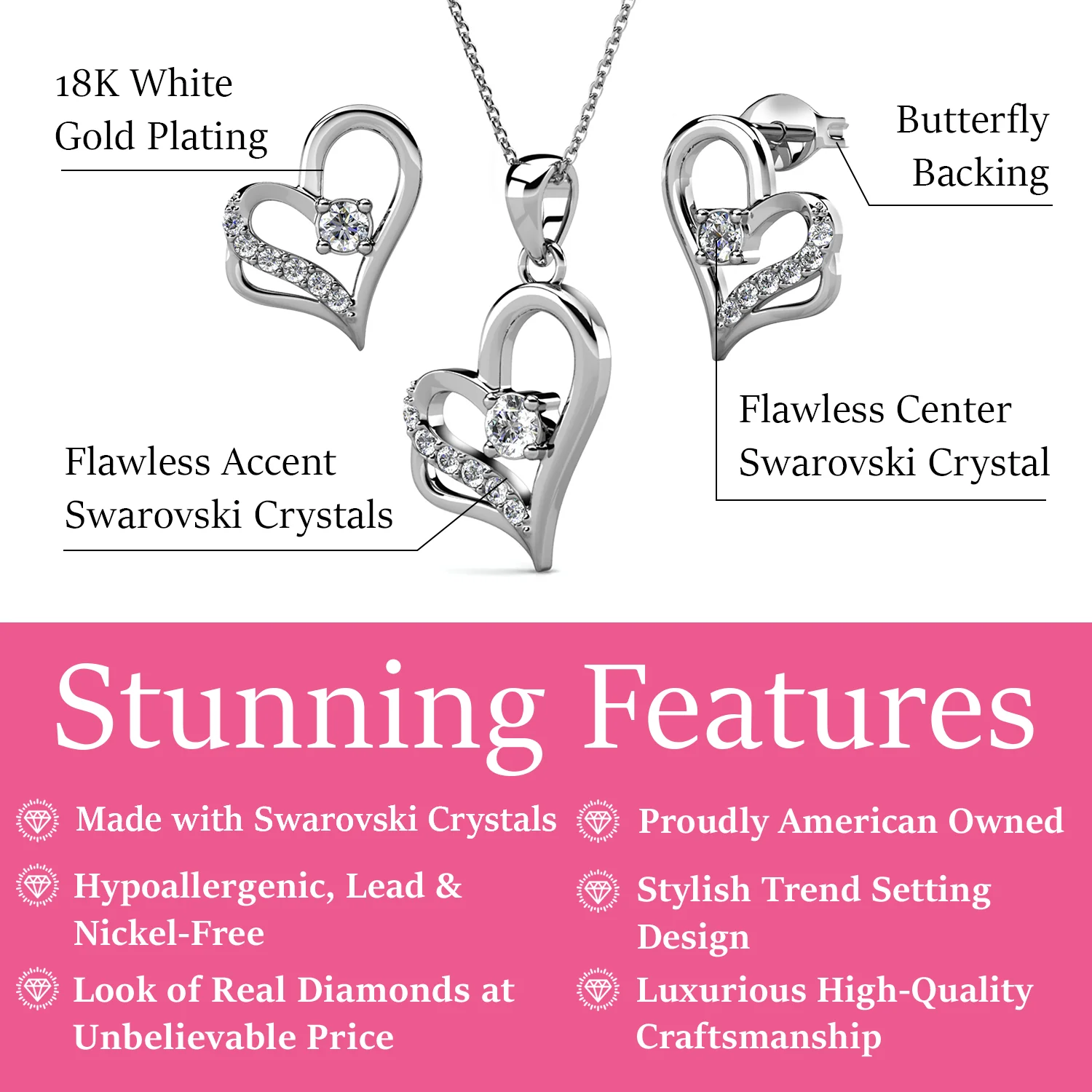 Kara 18k White Gold Plated Silver Heart Necklace and Earring Set with Swarovski Crystals - Image 3