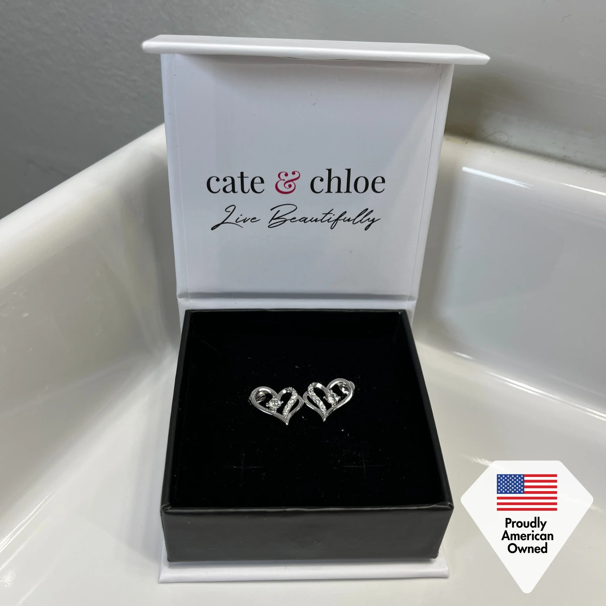 Kara 18k White Gold Plated Silver Heart Stud Earrings with Swarovski Crystals - Image 7