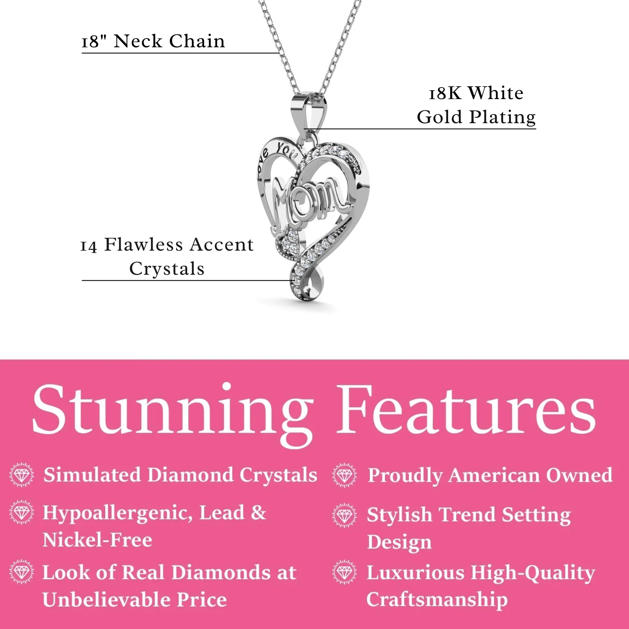 Karina 18k White Gold Plated Mom Heart Pendant Necklace with Simulated Diamond Crystals - Image 3