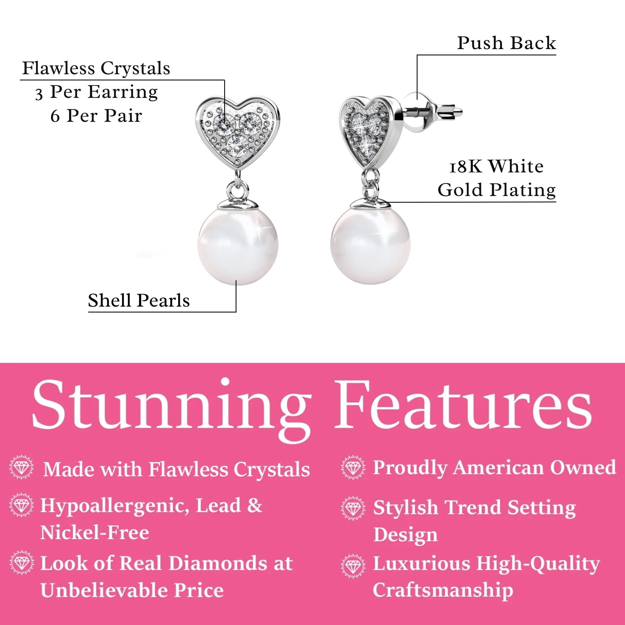 Kenley 18k White Gold Plated Heart Dangle Earrings with Pearls and Swarovski Crystals - Image 3