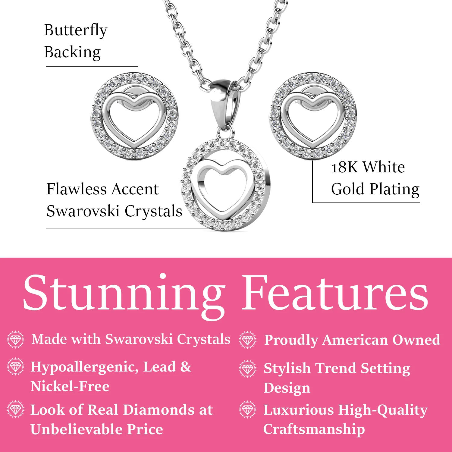 Khaleesi 18k White Gold Plated Silver Heart Necklace and Earring Set with Swarovski Crystals - Image 3