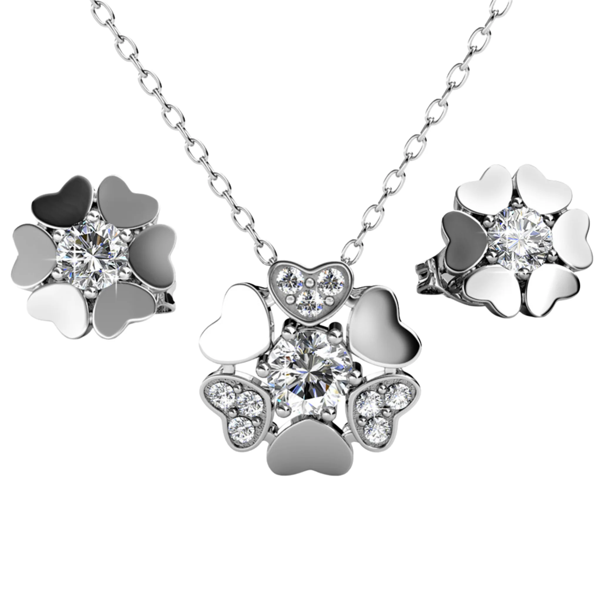 Khloe 18k White Gold Heart Necklace and Stud Earrings Jewelry Set with Crystals
