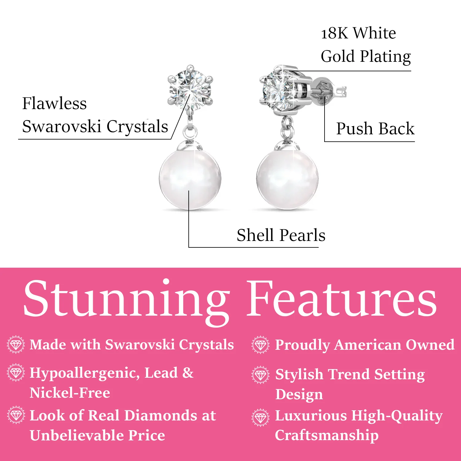 Kyra 18k White Gold Plated Pearl Drop Earrings with Swarovski Crystals - Image 3
