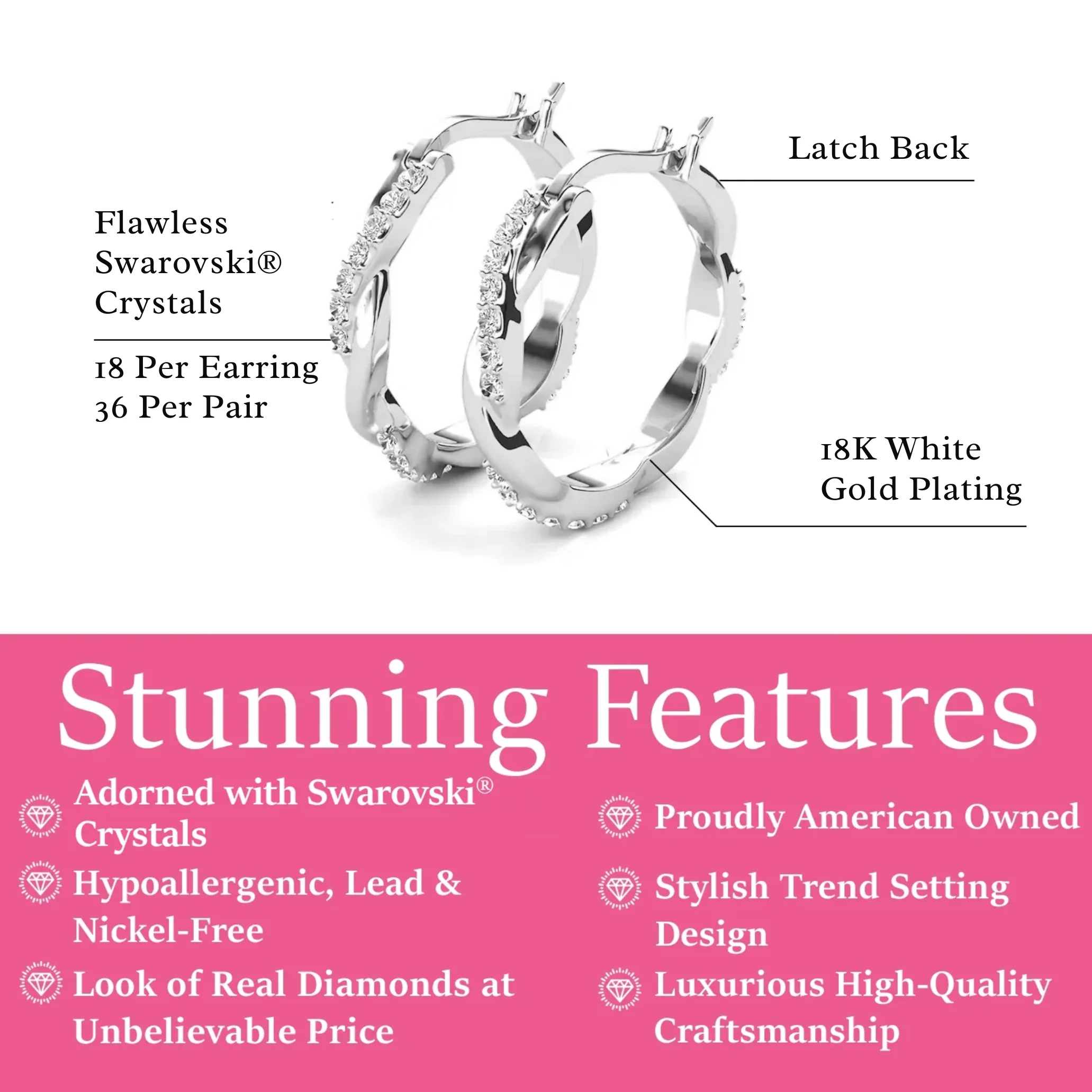 Lauren 18k White Gold Plated 22mm Twisted Hoop Earrings with Swarovski Crystals - Image 3