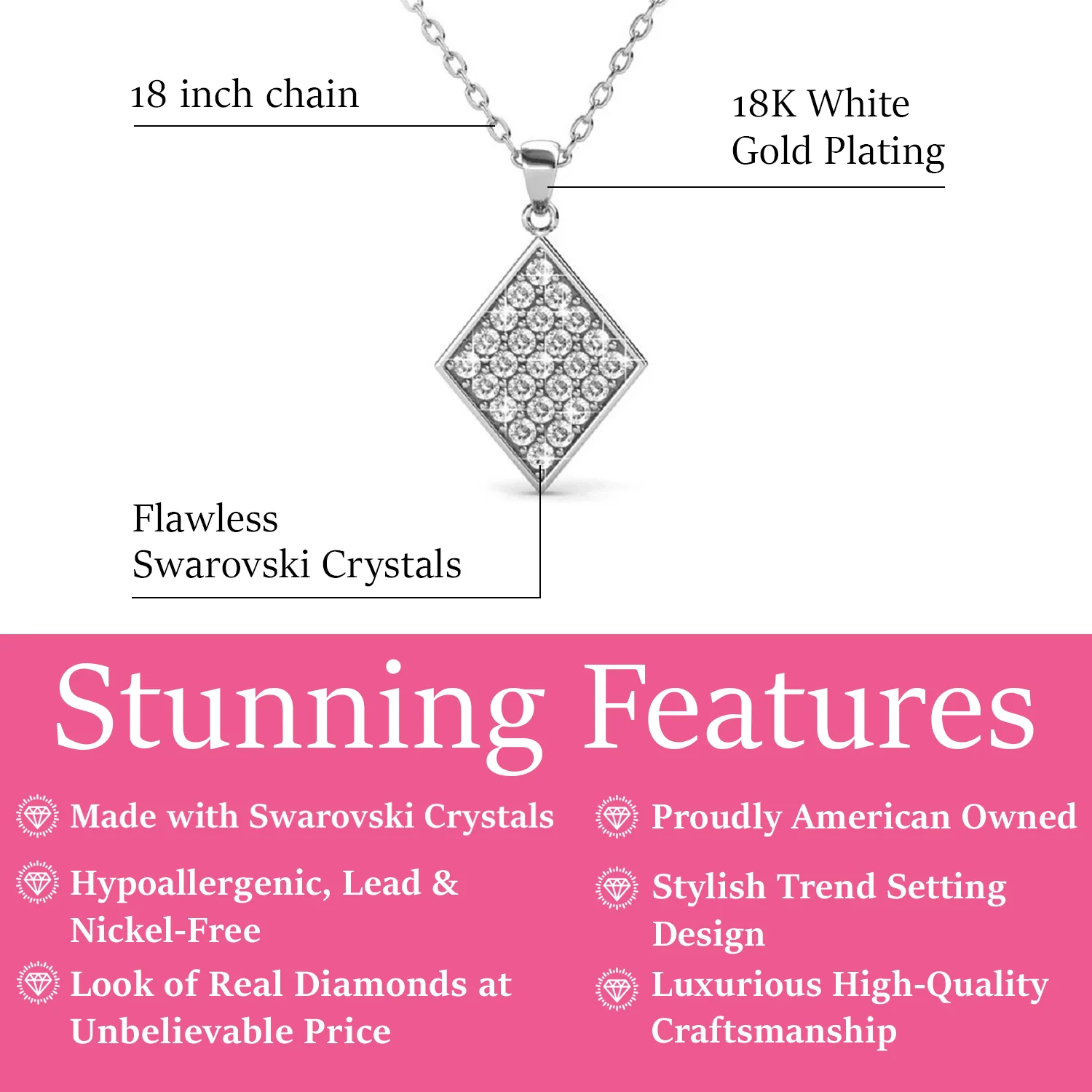 Lennon 18k White Gold Diamond Shaped Pendant Necklace with Swarovski Crystals - Image 3