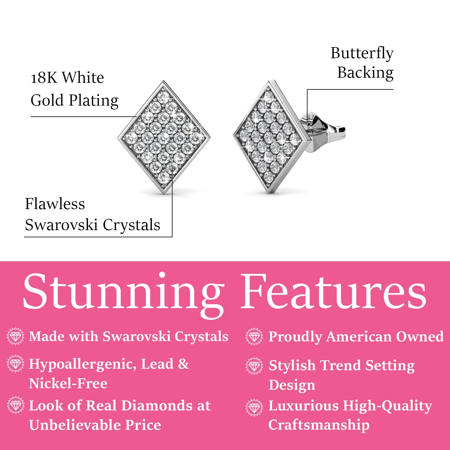 Lennon 18k White Gold Plated Diamond Shaped Stud Earrings with Swarovski Crystals — Fab Fav - Image 4
