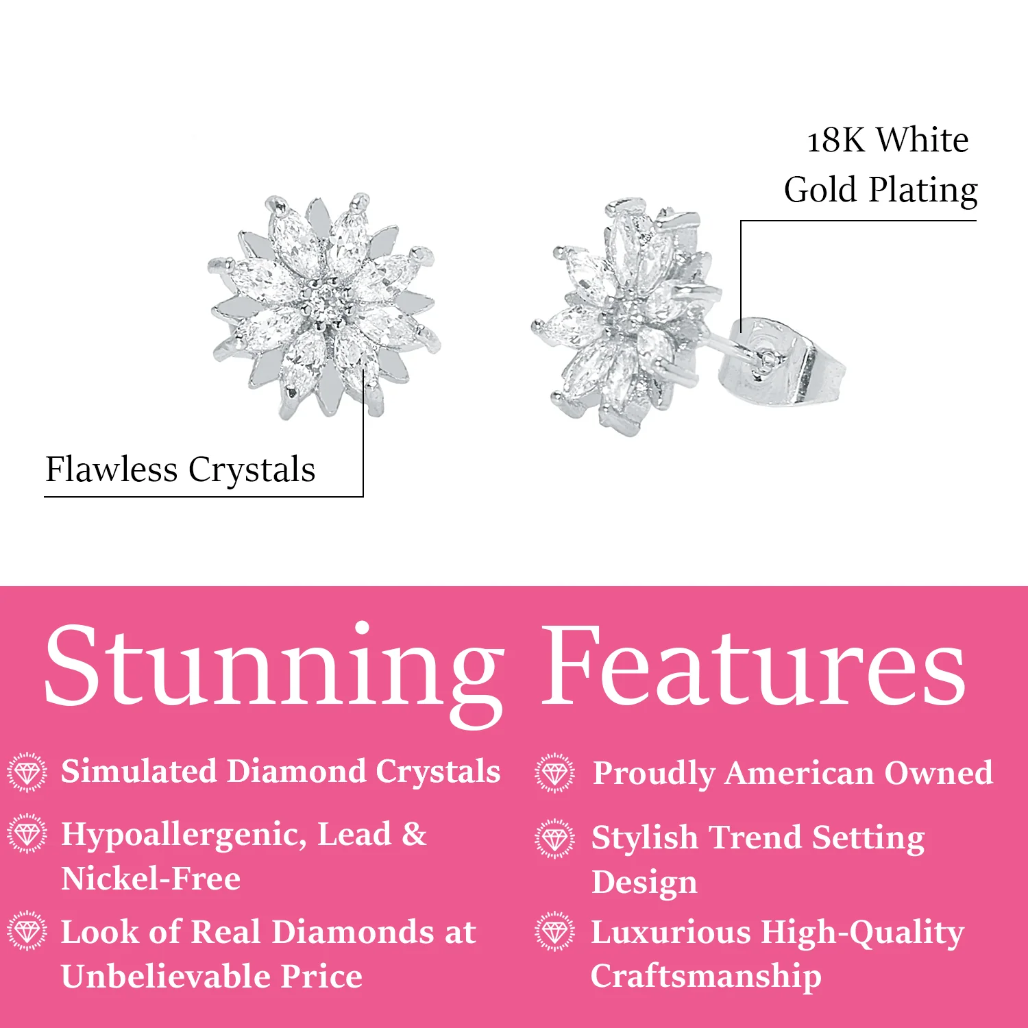 Lily 18k White Gold Plated Flower Stud Earrings with Simulated Diamond Crystals - Image 3
