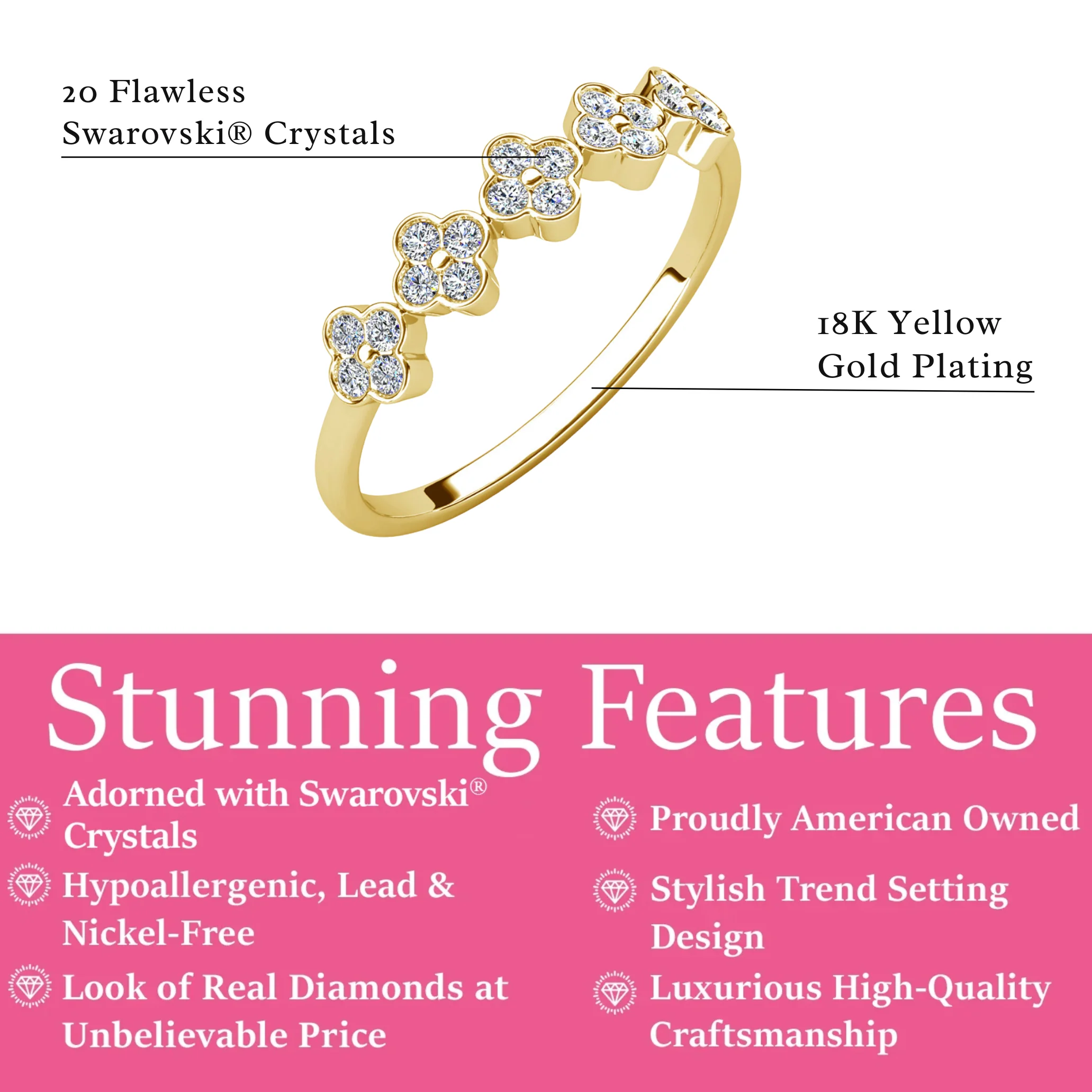 Linda 18k White Gold Plated Clover Flower Ring with Swarovski Crystals - Image 10