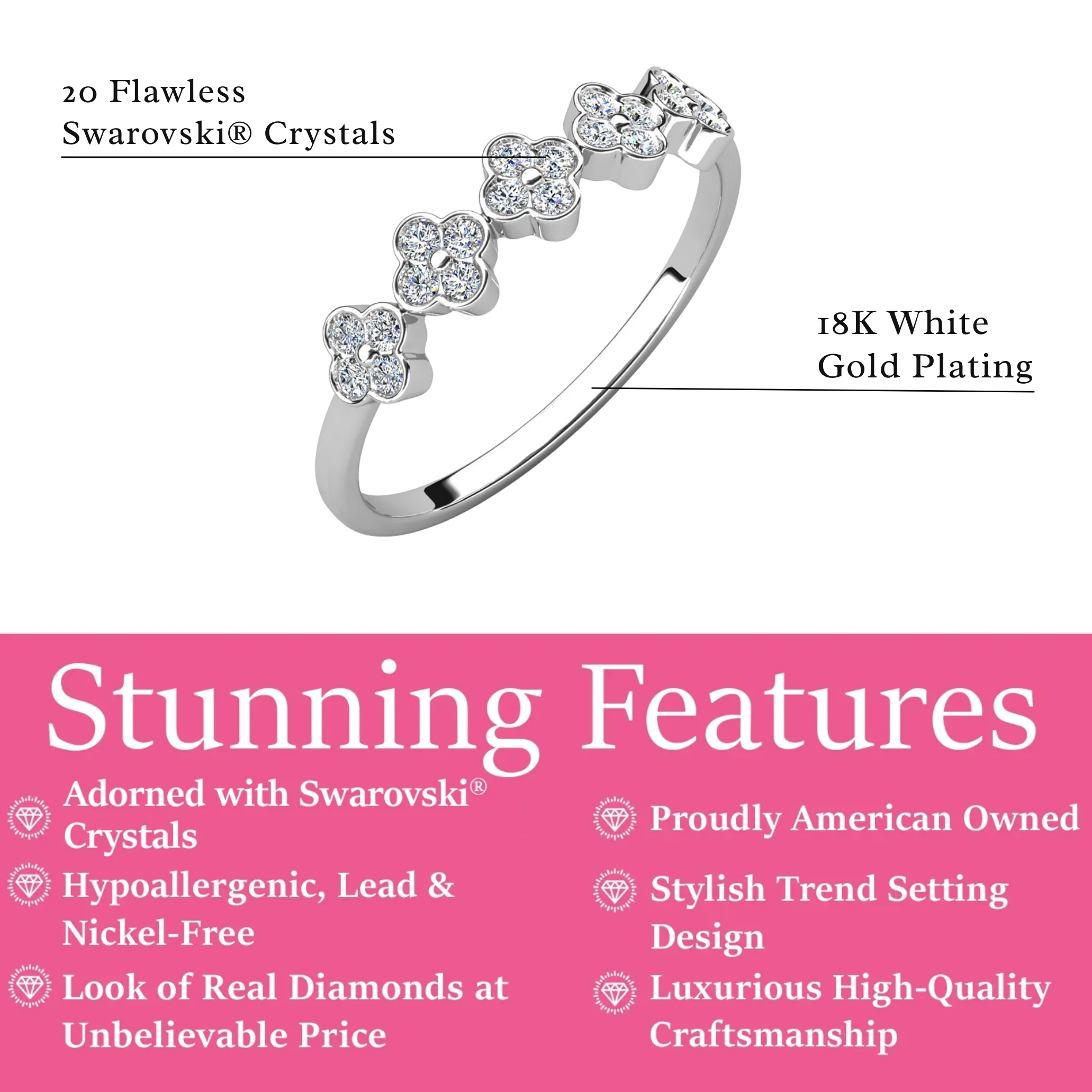 Linda 18k White Gold Plated Clover Flower Ring with Swarovski Crystals - Image 3