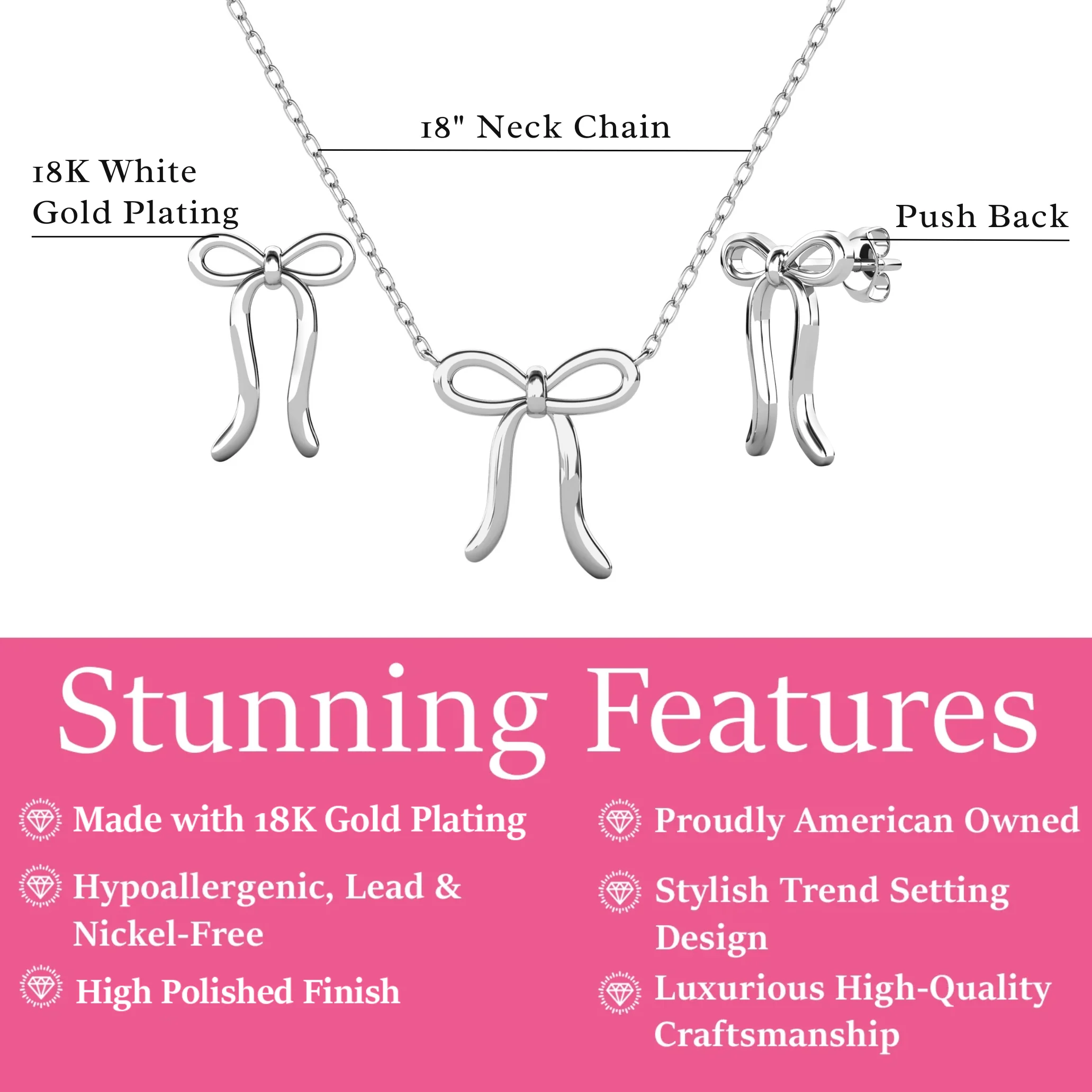 Lola 18k White Gold Plated Ribbon Drop Earrings and Necklace Jewelry Set - Image 3