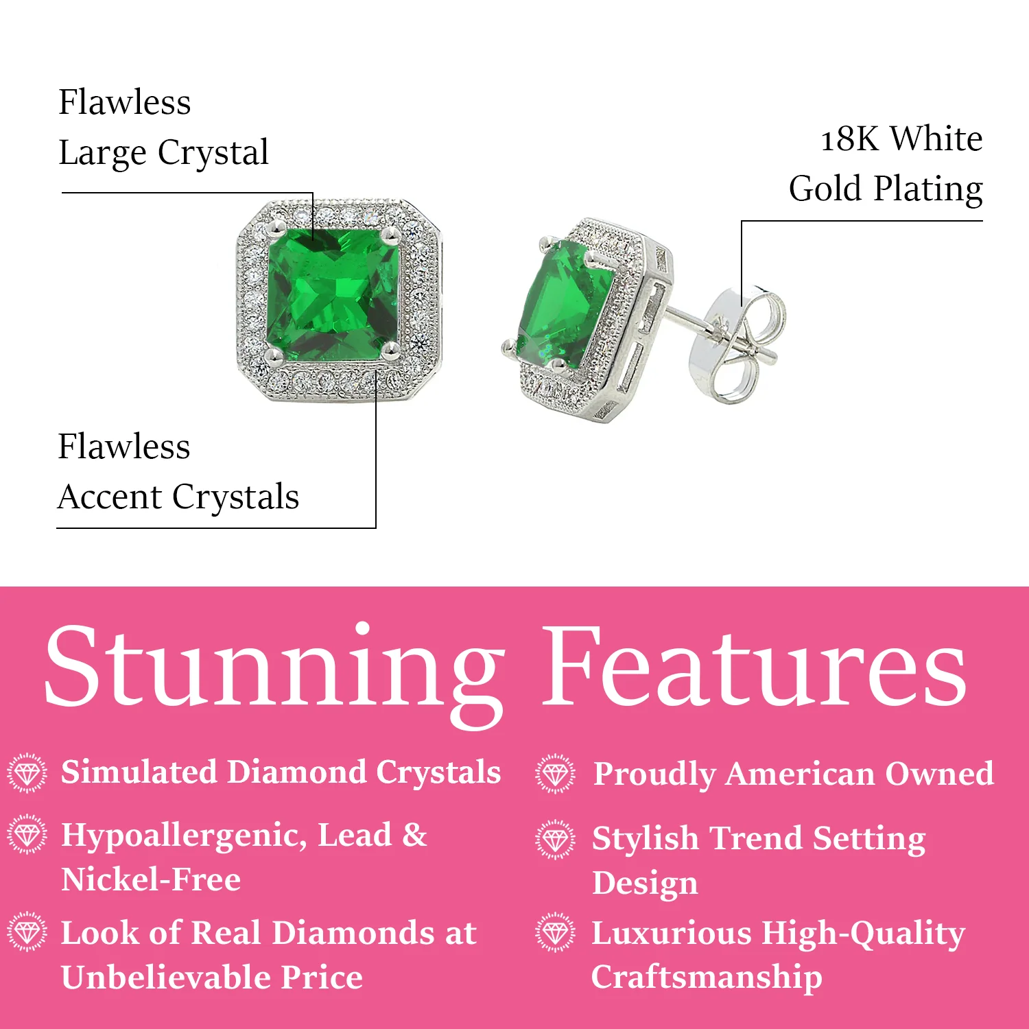 Londyn 18k White Gold Plated Princess Cut Halo Stud Earrings with Simulated Diamond Crystals — Final Sale - Image 13