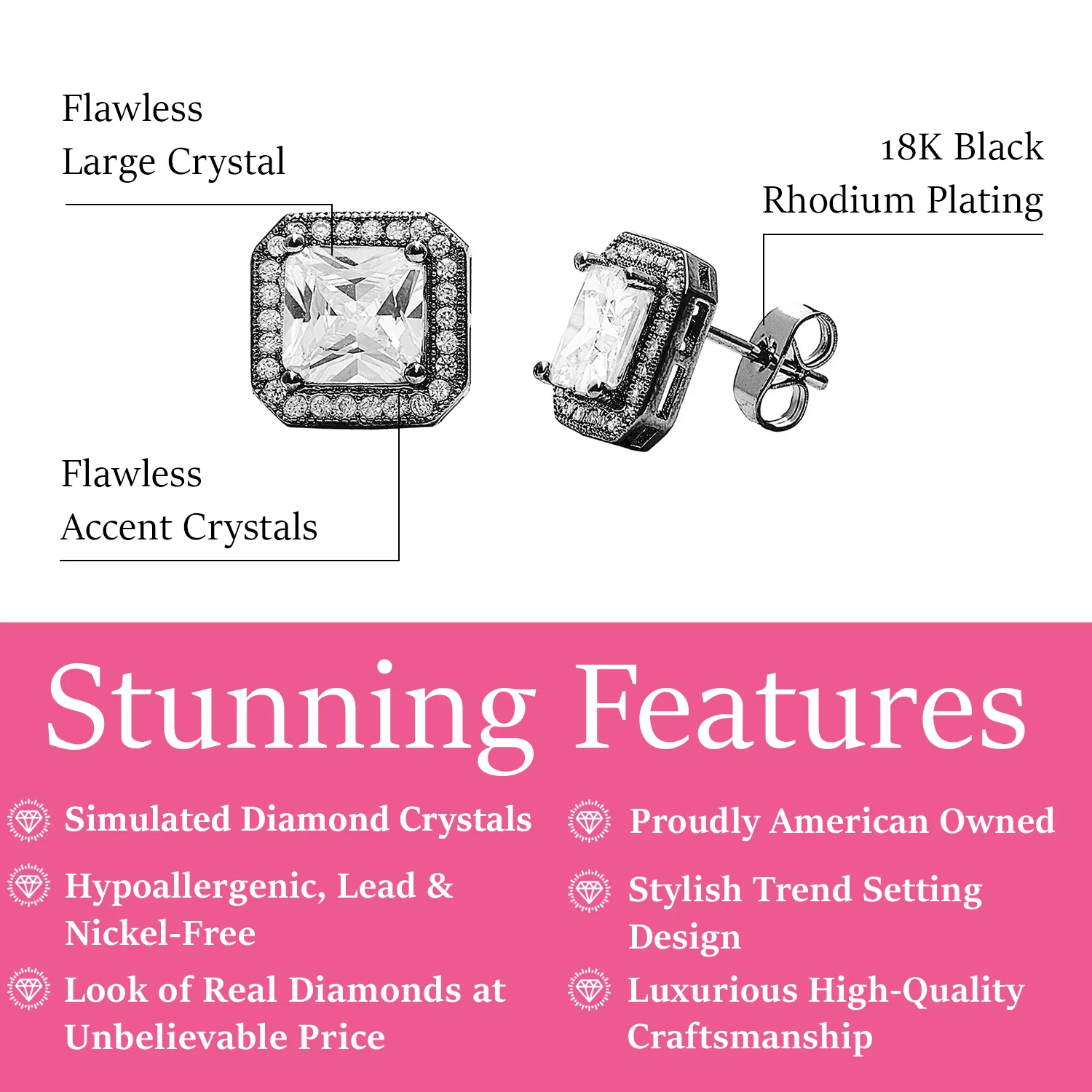 Londyn 18k White Gold Plated Princess Cut Halo Stud Earrings with Simulated Diamond Crystals — Final Sale - Image 3