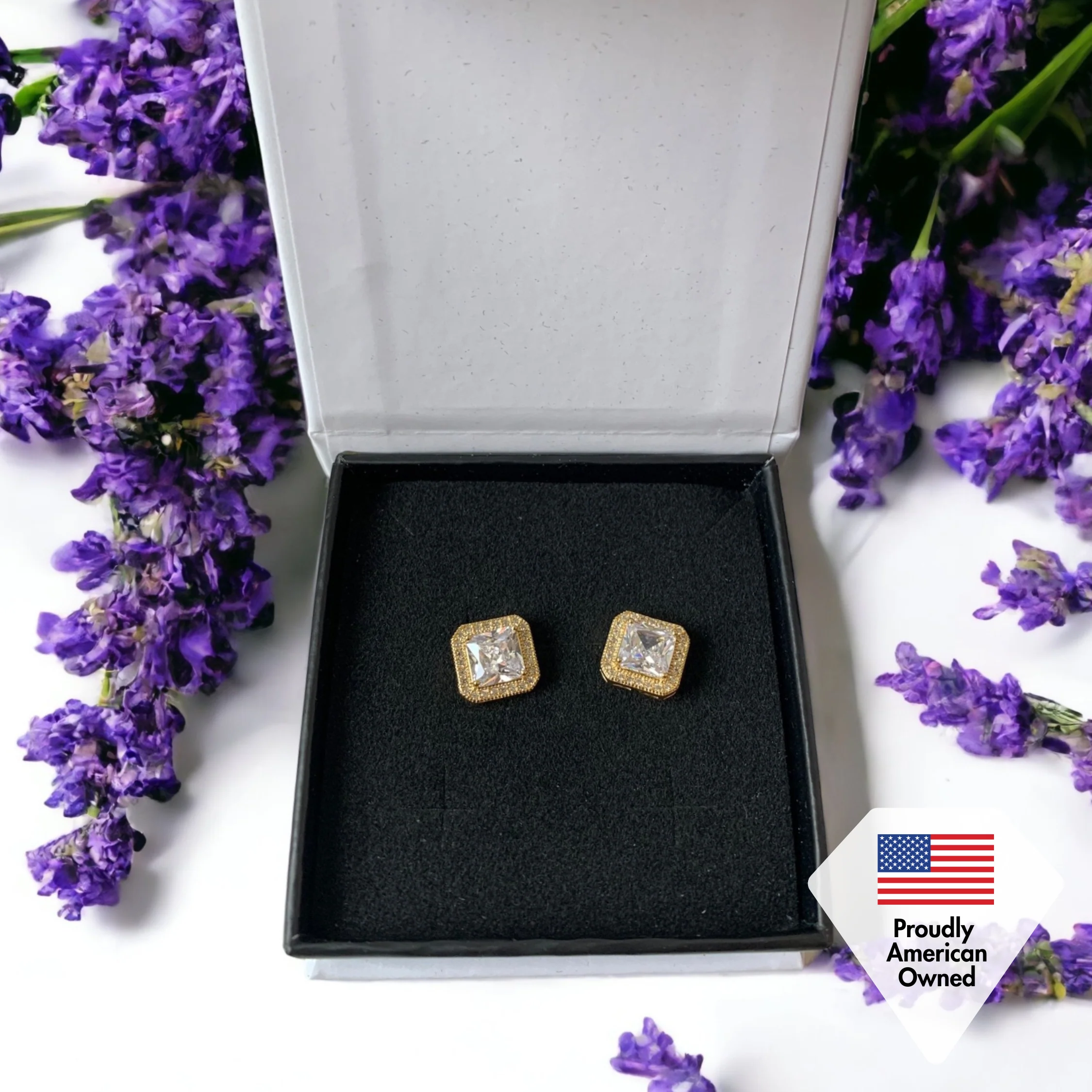 Londyn 18k White Gold Plated Princess Cut Halo Stud Earrings with Simulated Diamond Crystals — Final Sale - Image 6