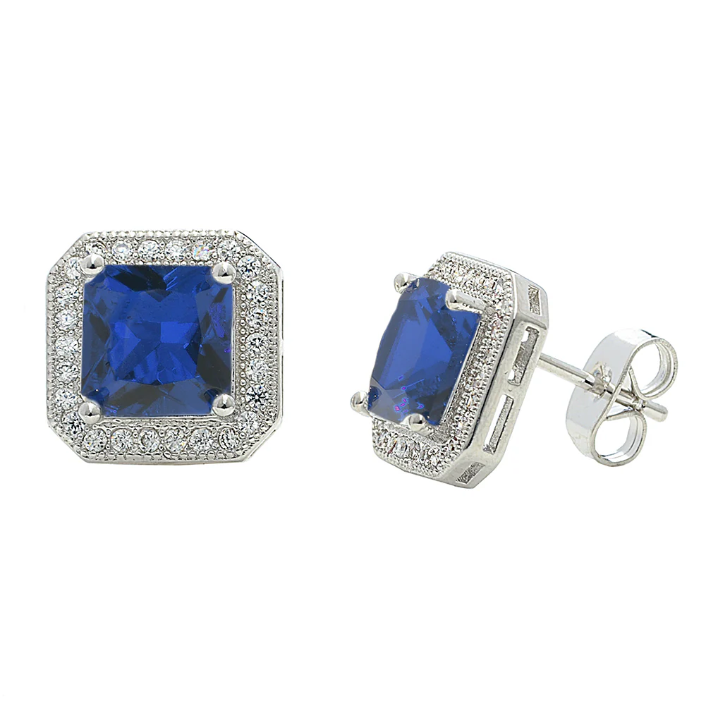 Londyn 18k White Gold Plated Princess Cut Halo Stud Earrings with Simulated Diamond Crystals — Final Sale - Image 8