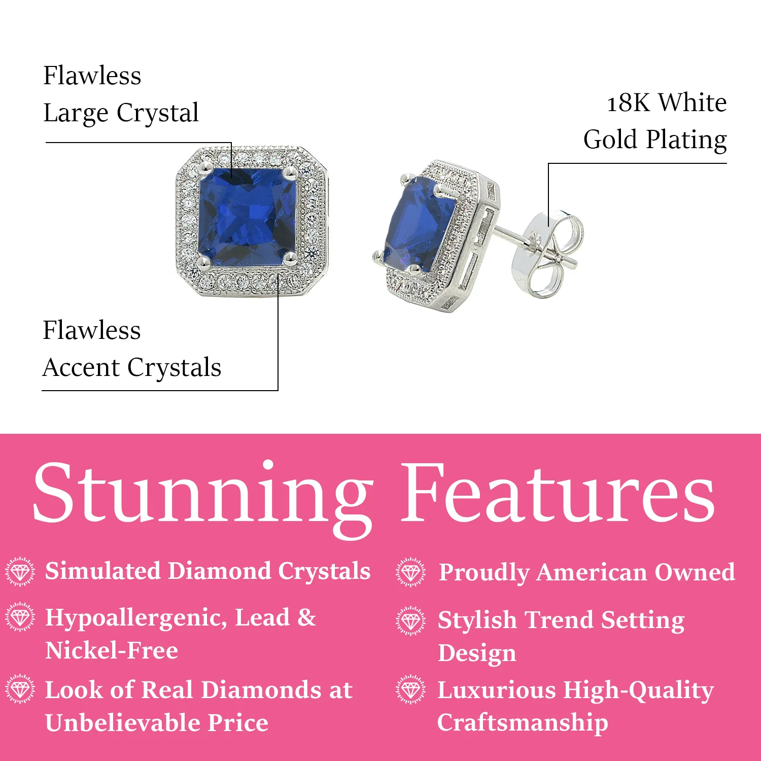 Londyn 18k White Gold Plated Princess Cut Halo Stud Earrings with Simulated Diamond Crystals — Final Sale - Image 9