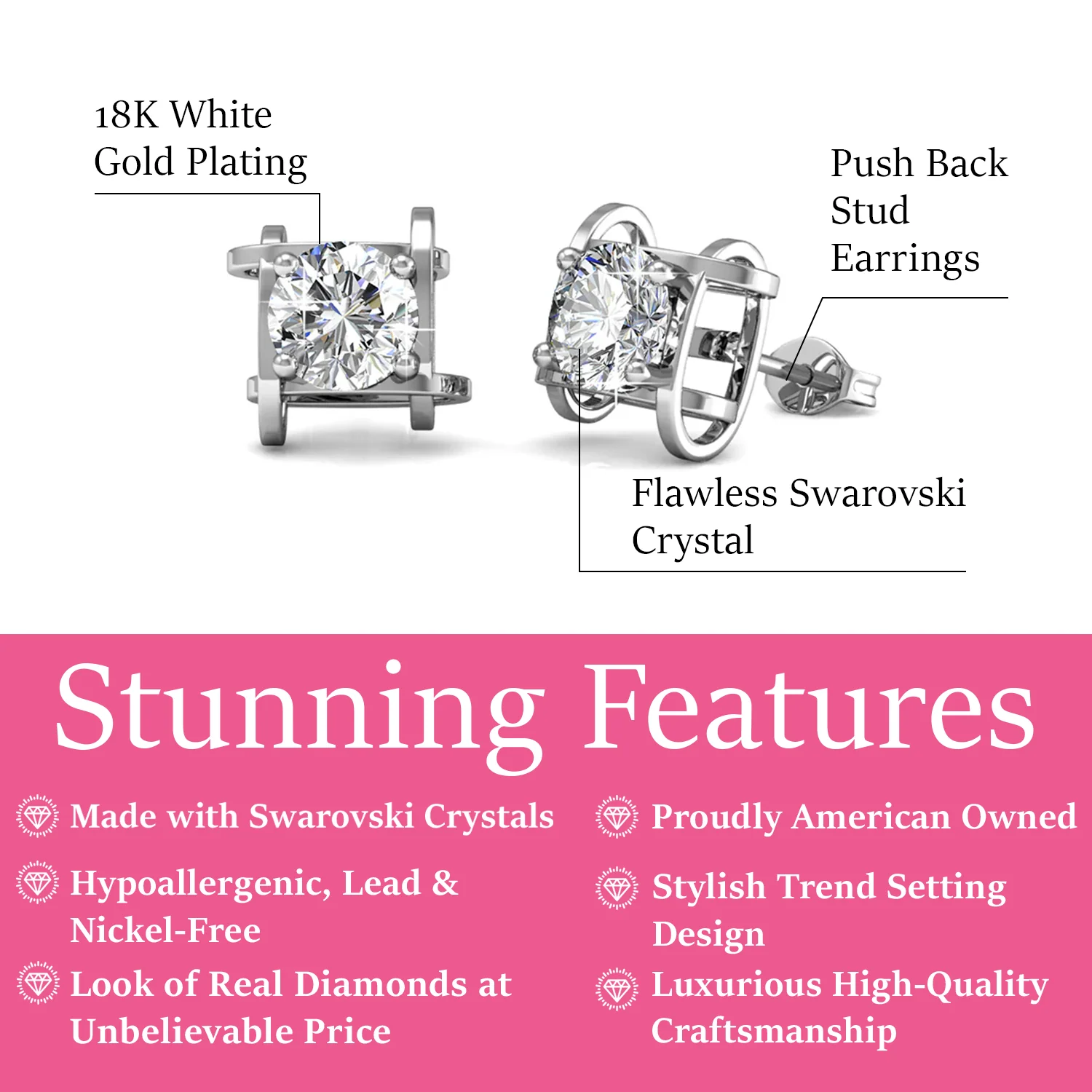 Lorelei 18k White Gold Plated Stud Earrings with Round Swarovski Crystals - Image 3
