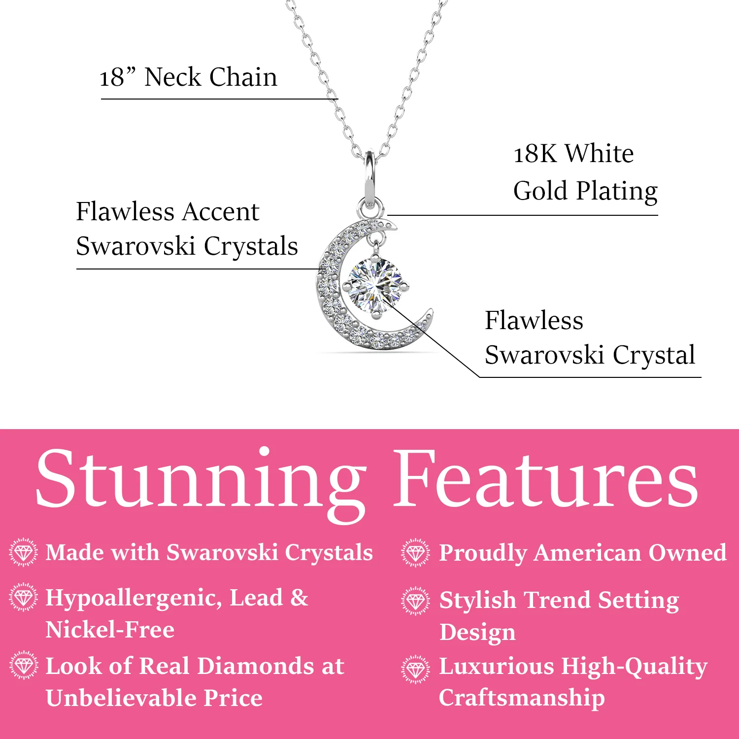 Luna April Birthstone Diamond Necklace 18k White Gold Plated Crescent Pendant Necklace with Round Cut Swarovski Crystals - Image 3