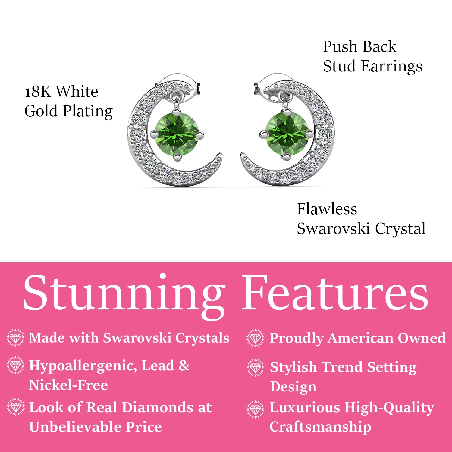 Luna August Birthstone Peridot Earrings 18k White Gold Plated Crescent Stud Earrings with Round Cut Swarovski Crystals - Image 3