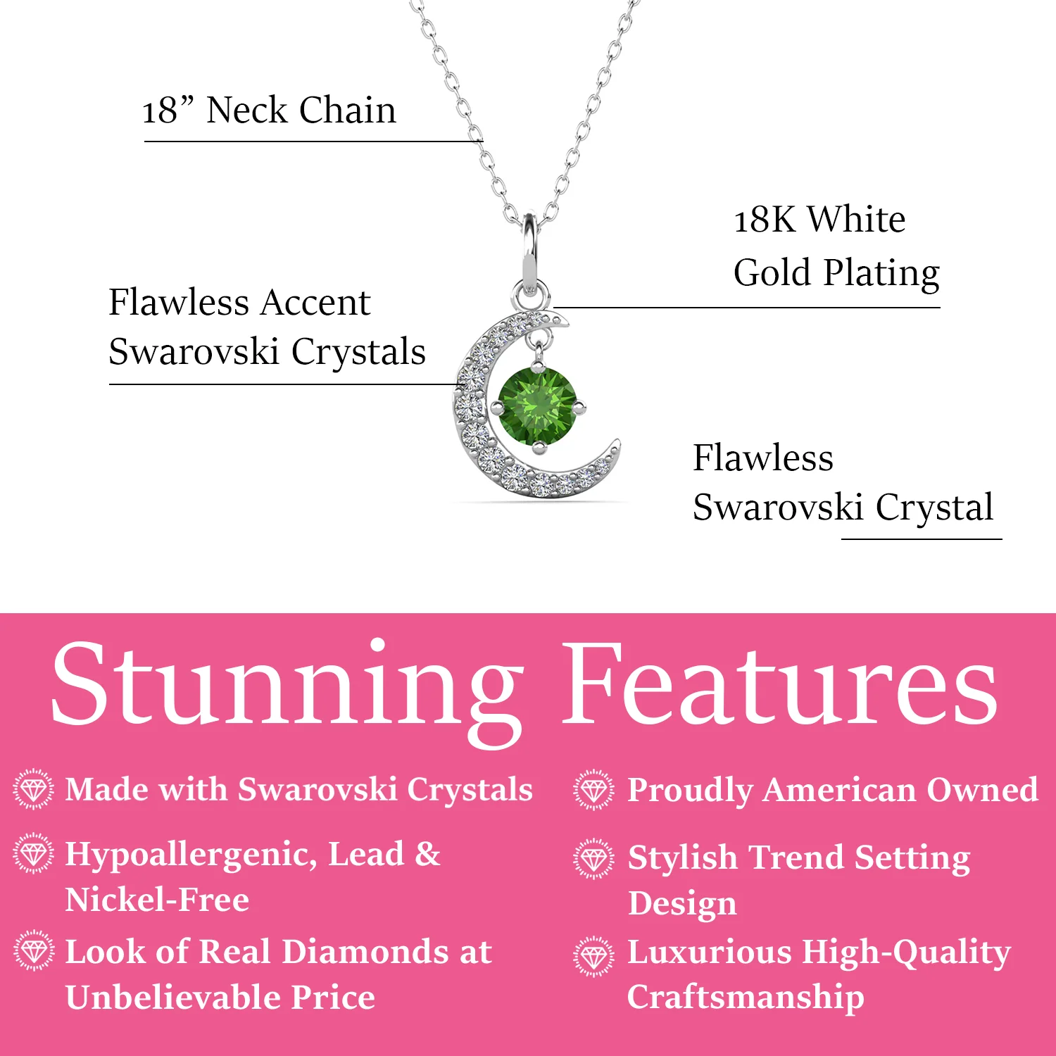 Luna August Birthstone Peridot Necklace 18k White Gold Plated Crescent Pendant Necklace with Round Cut Swarovski Crystals - Image 3