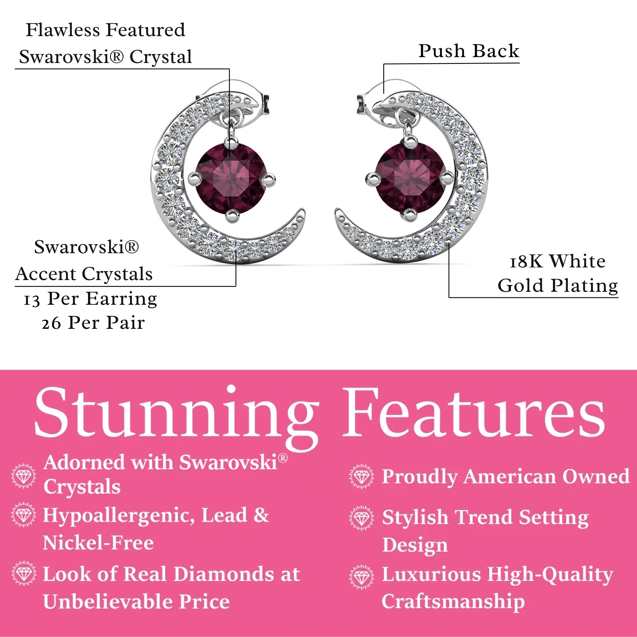 Luna Birthstone 18k White Gold Plated Crescent Stud Earrings with Round Cut Swarovski Crystals - Image 10