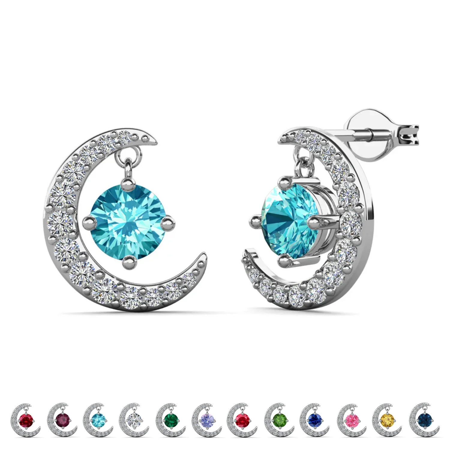 Luna Birthstone 18k White Gold Plated Crescent Stud Earrings with Round Cut Swarovski Crystals - Image 13