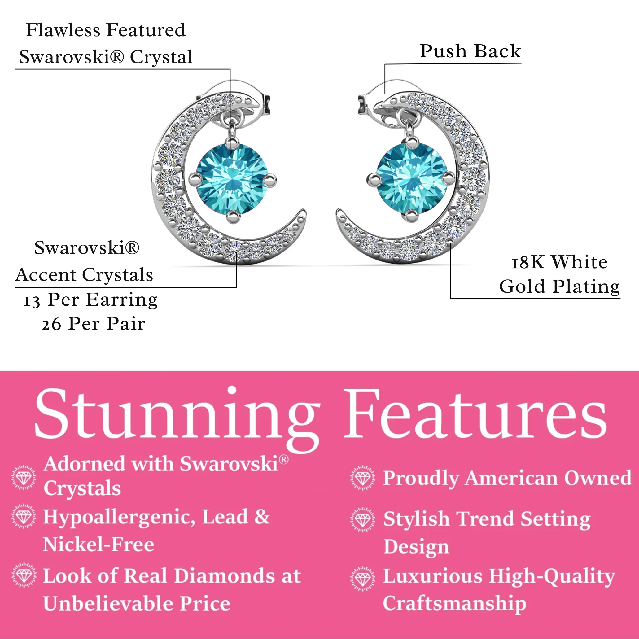 Luna Birthstone 18k White Gold Plated Crescent Stud Earrings with Round Cut Swarovski Crystals - Image 14